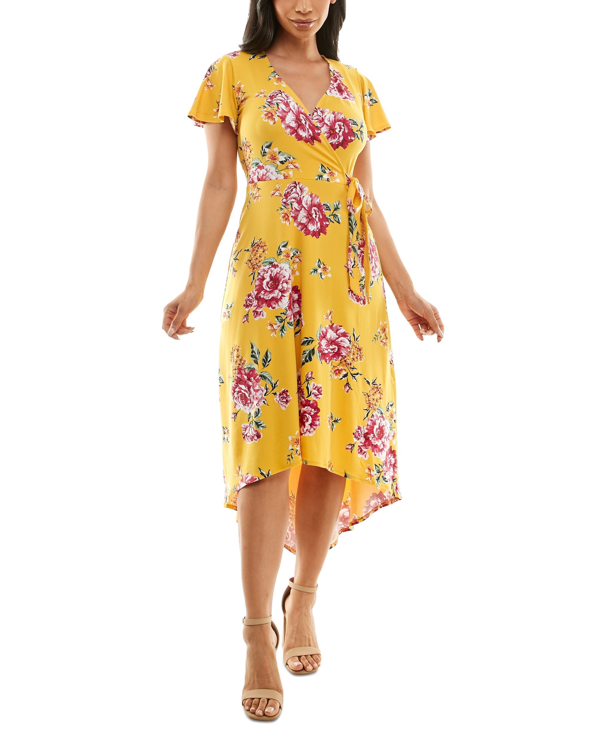 Juniors' Floral-Print Surplice High-Low Fit & Flare Dress