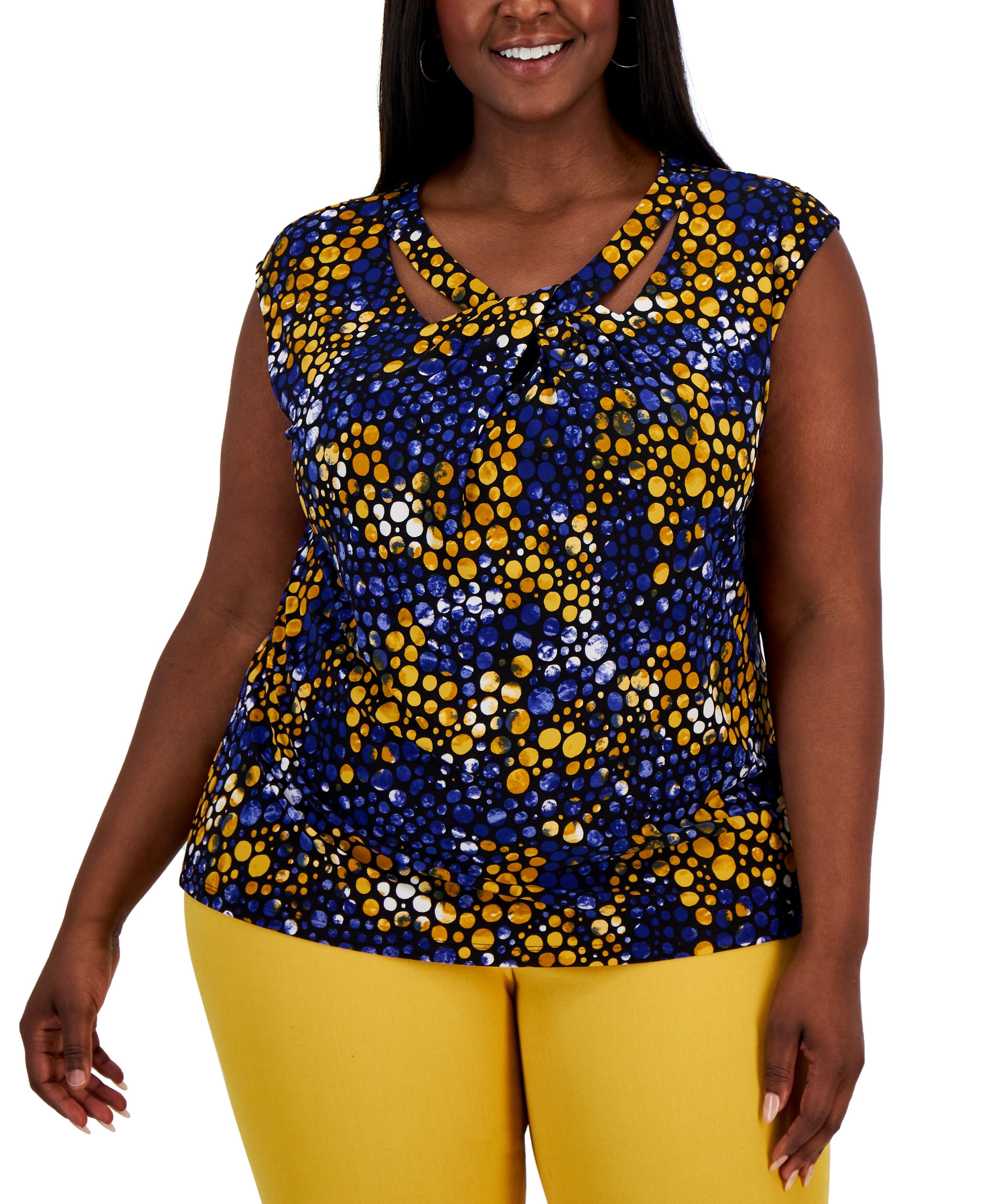 Plus Size Printed Stretch Knit Sleeveless Twist-Neck Top