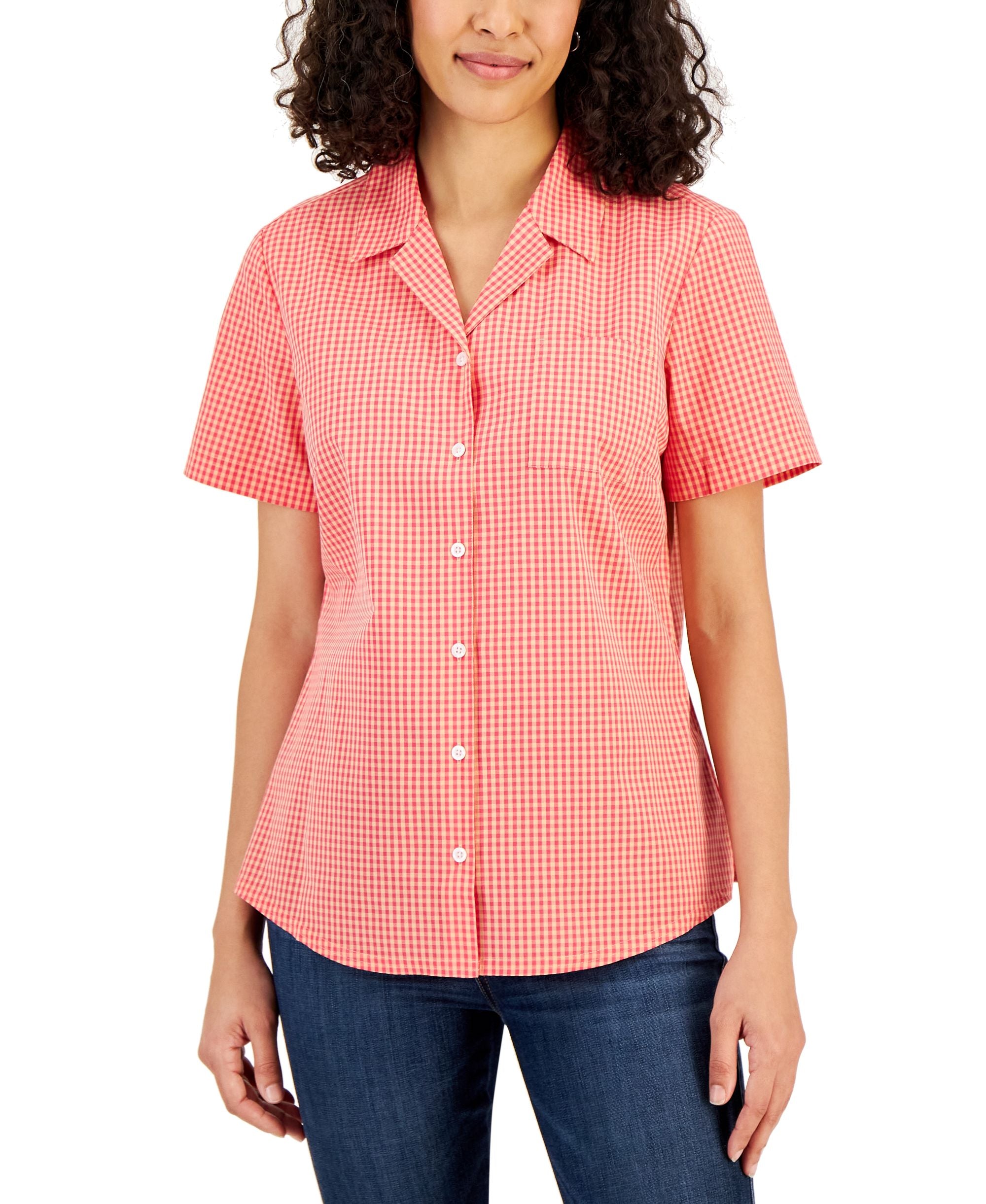 Women's Gingham Short-Sleeve Camp Collar Shirt