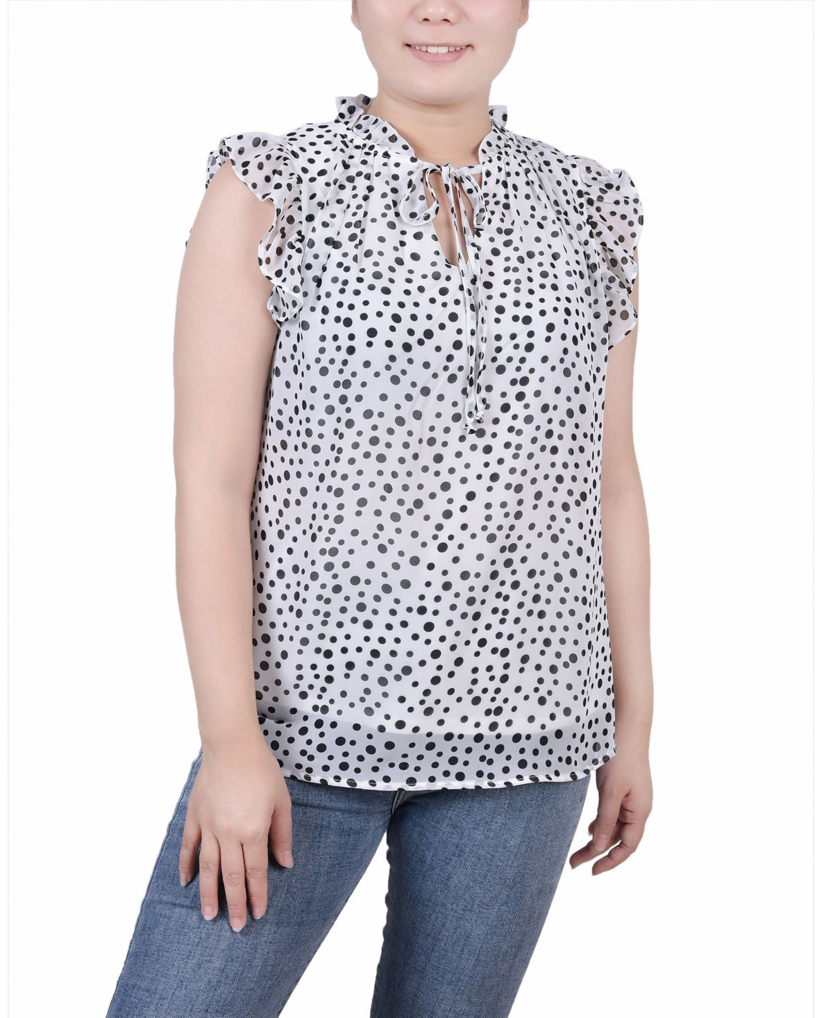 Petite Size Ruffled Sleeve Blouse With Tie Closure Top