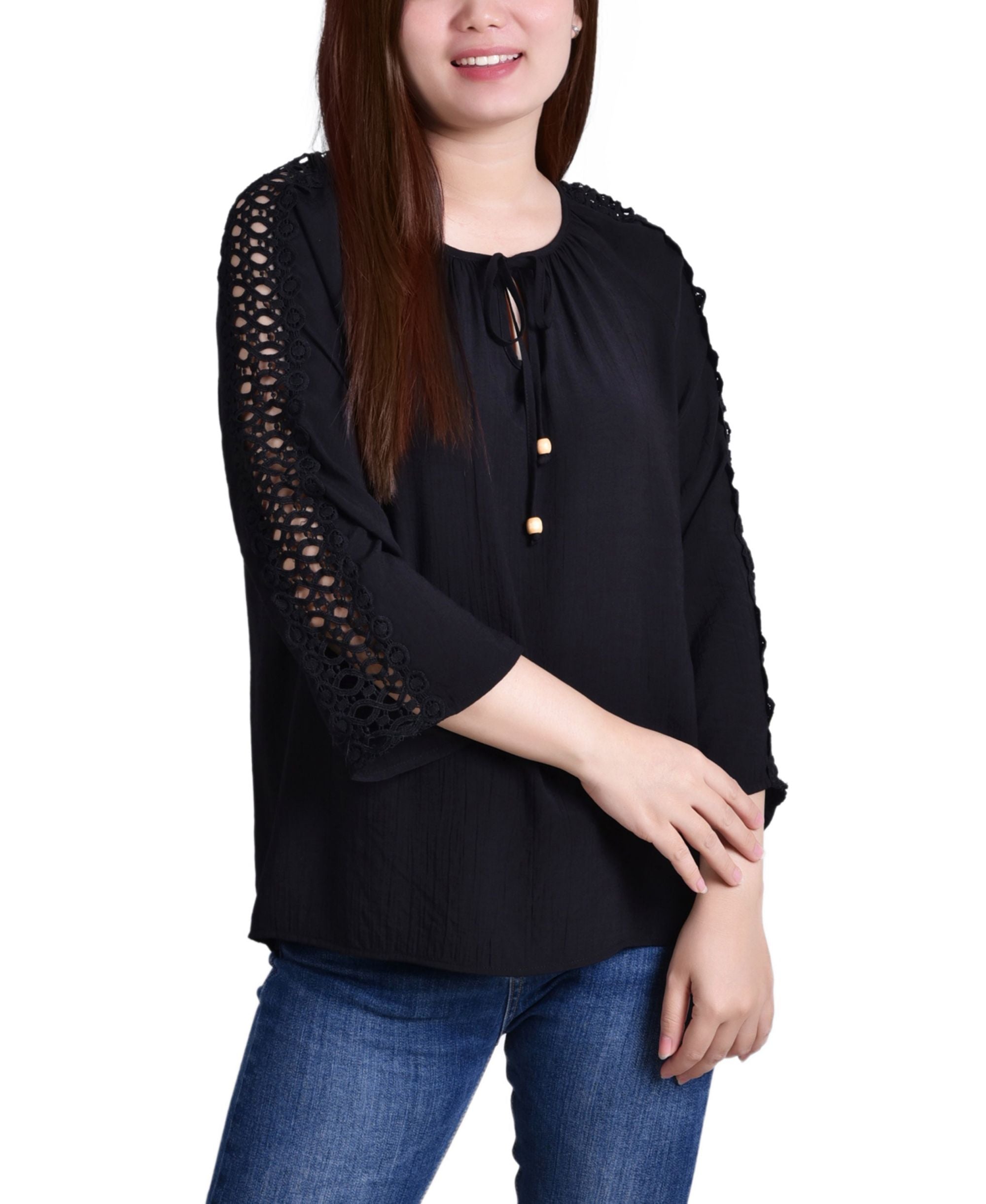 NY Collection Petite Crochet Detail 3/4 Sleeve Blouse