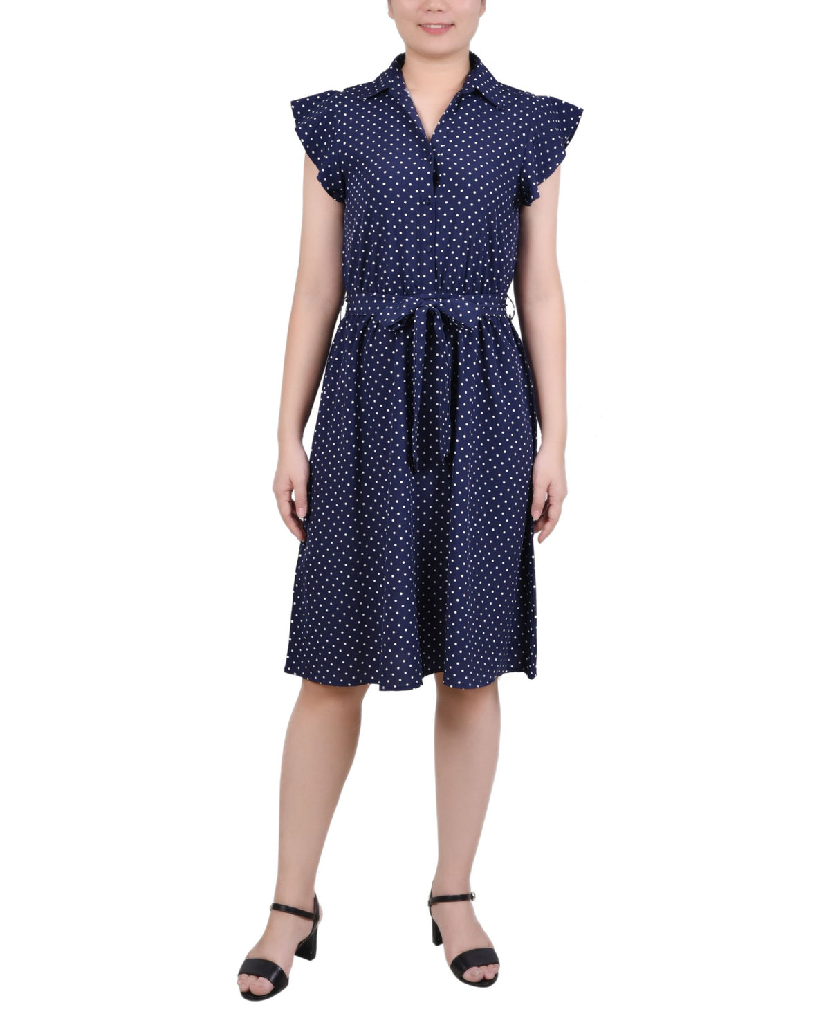 NY Collection Petite Belted Flutter Sleeve Printed Dress