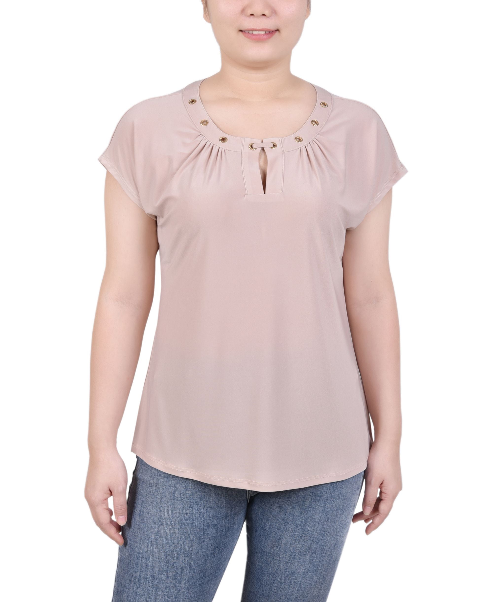 Petite Grommet Neck Knit Short Extended Sleeve Top