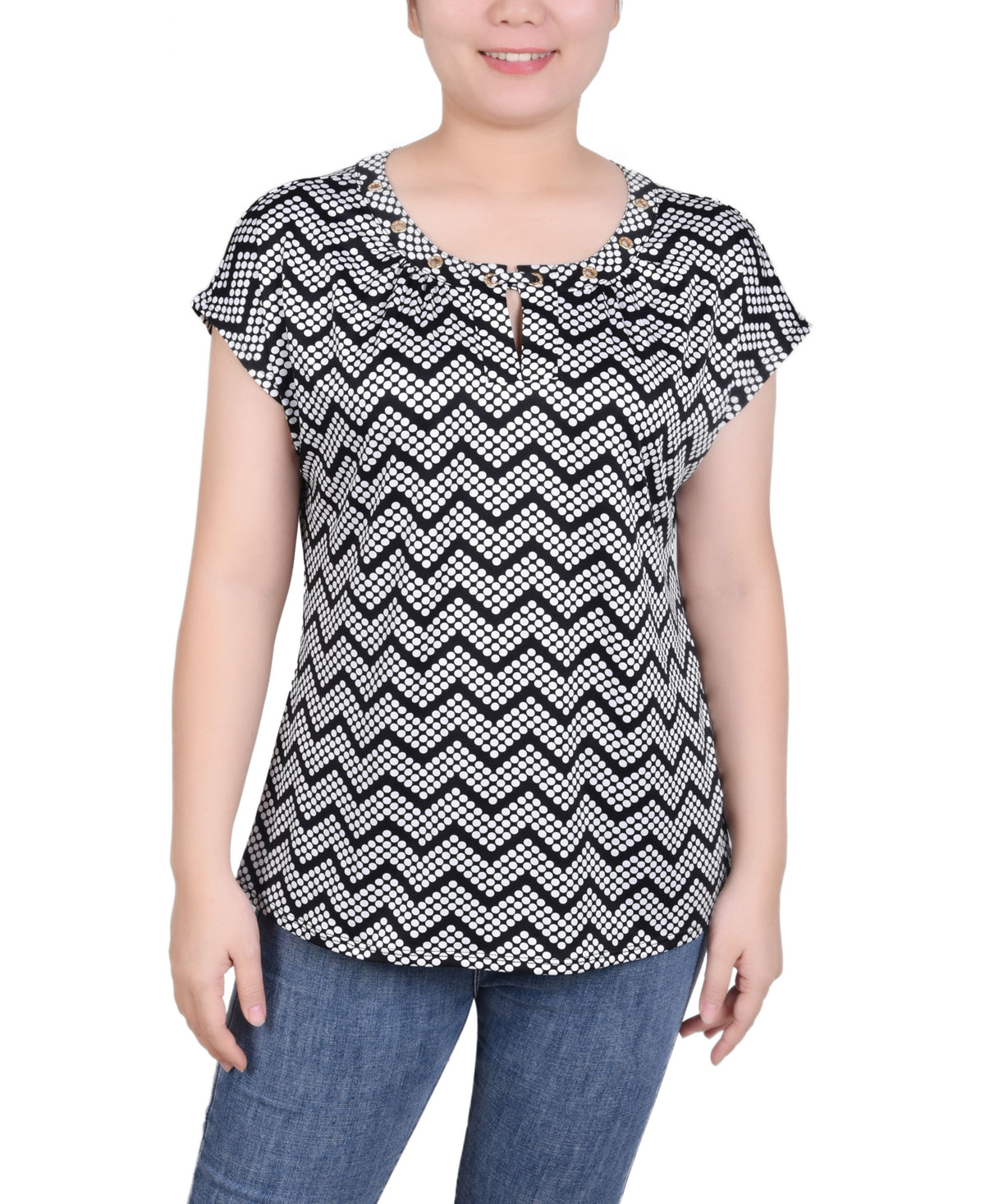 Petite Grommet Neck Knit Short Extended Sleeve Top