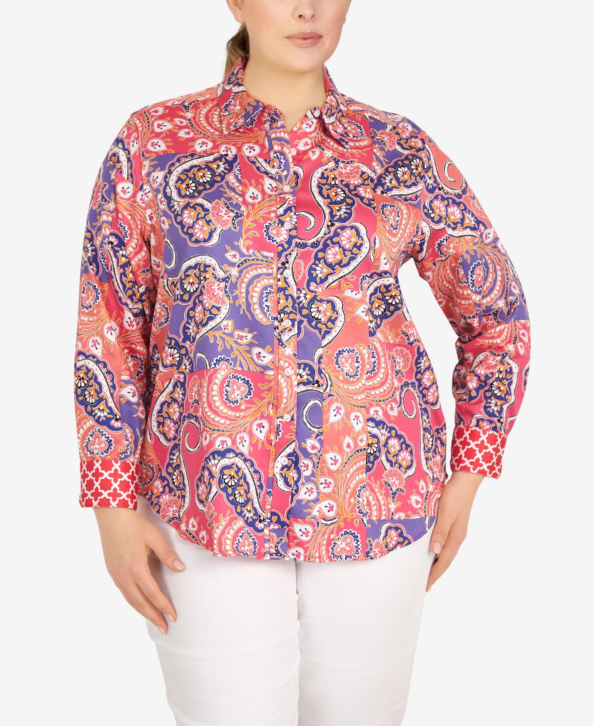 Plus Size Wrinkle Resistant Printed Button Down