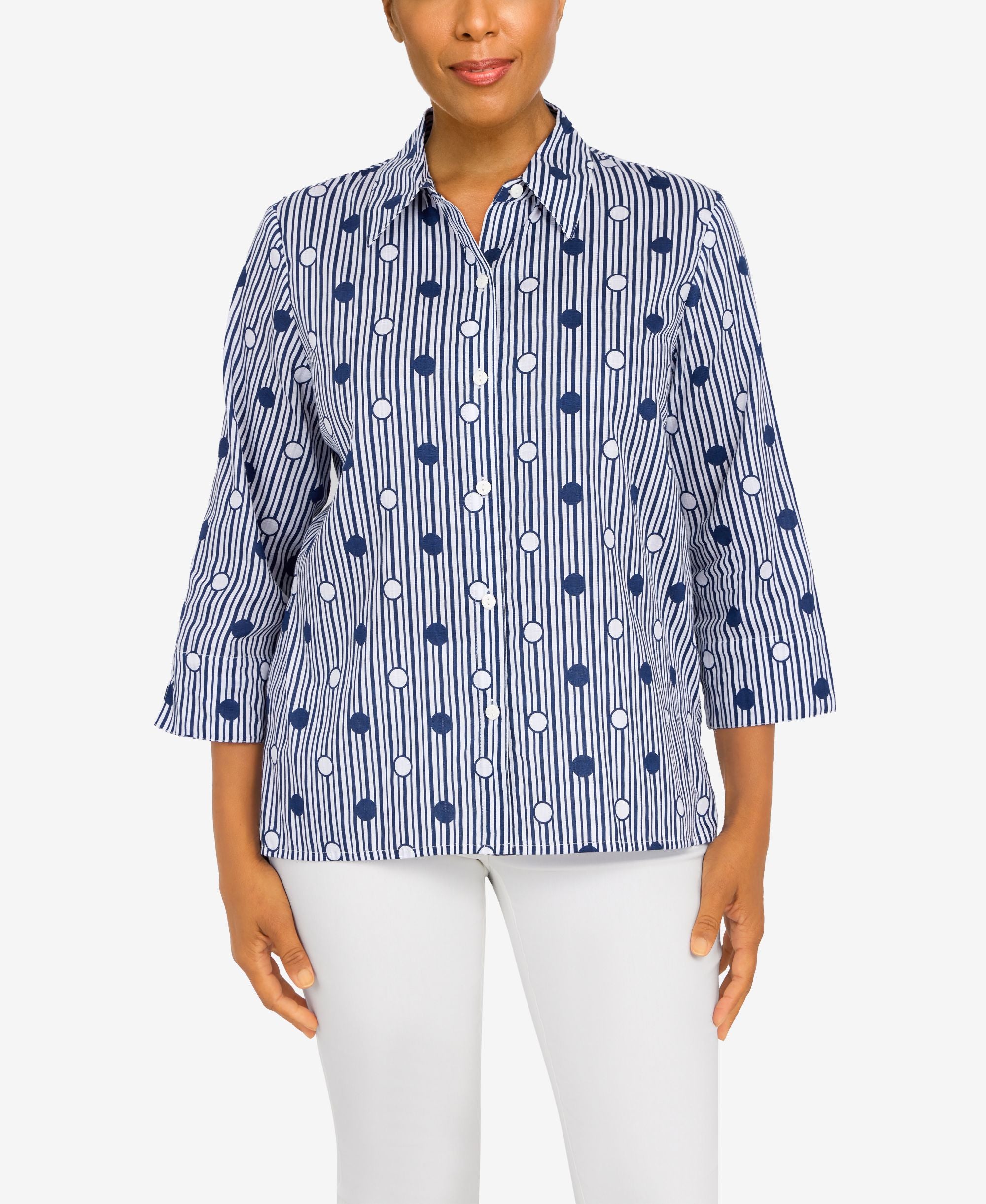 Petite Classics Dot Stripe 3/4 Sleeve Button Down Top