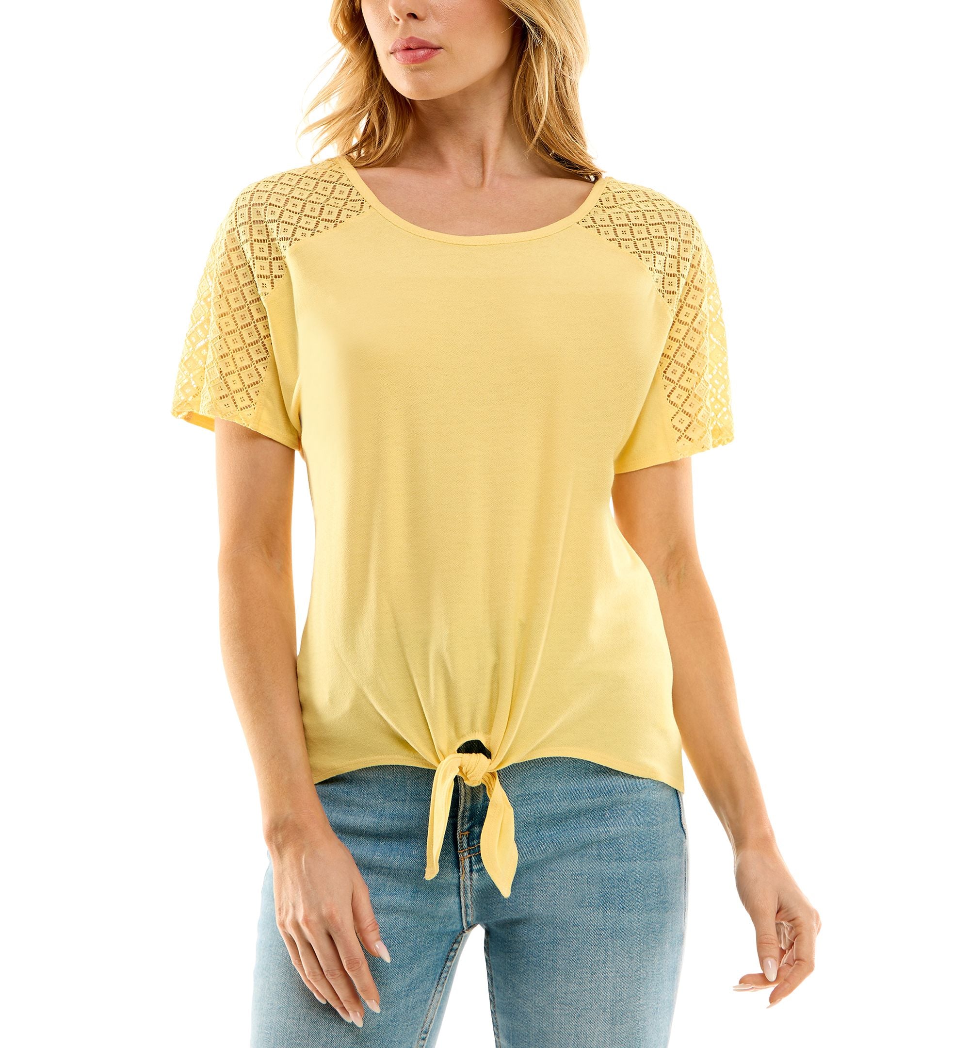 Juniors' Lace-Shoulder Tie-hem Short-Sleeve Top