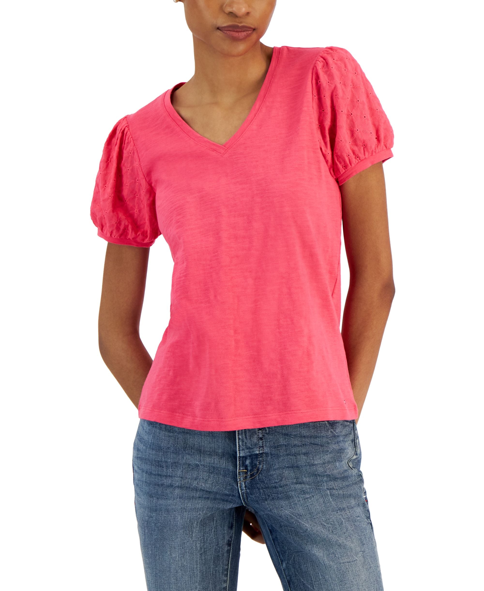 Women's Short Sleeve Eyelet V-Neck Top