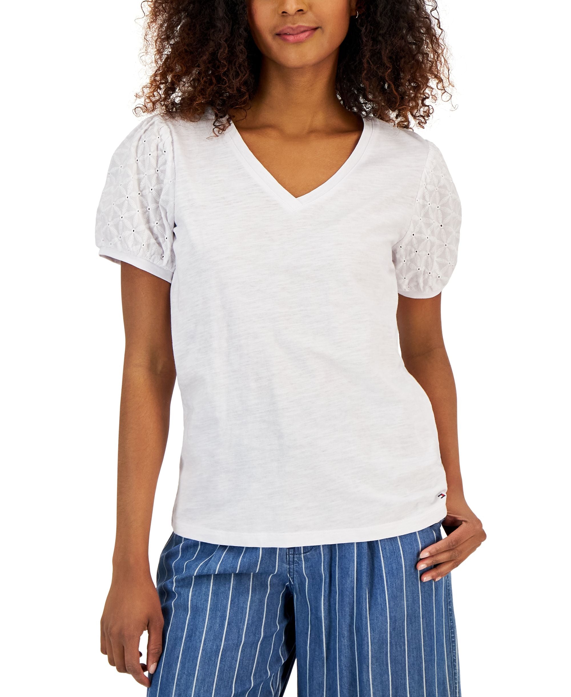 Women's Short Sleeve Eyelet V-Neck Top