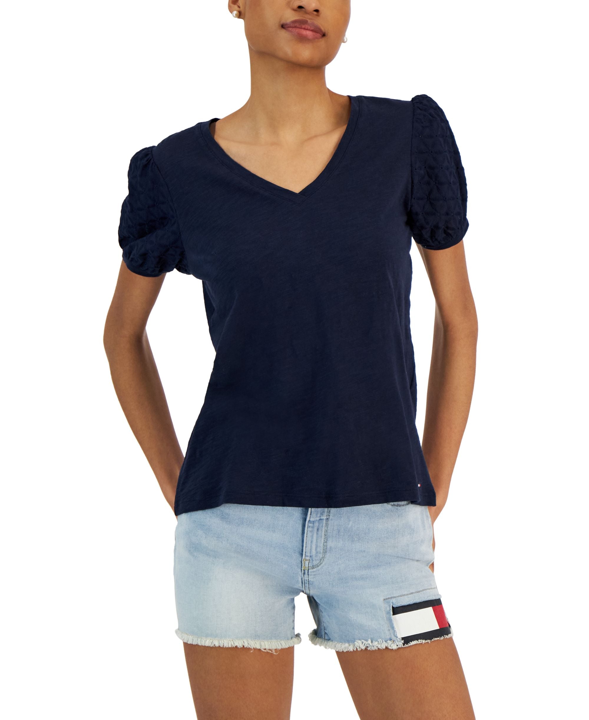 Women's Short Sleeve Eyelet V-Neck Top