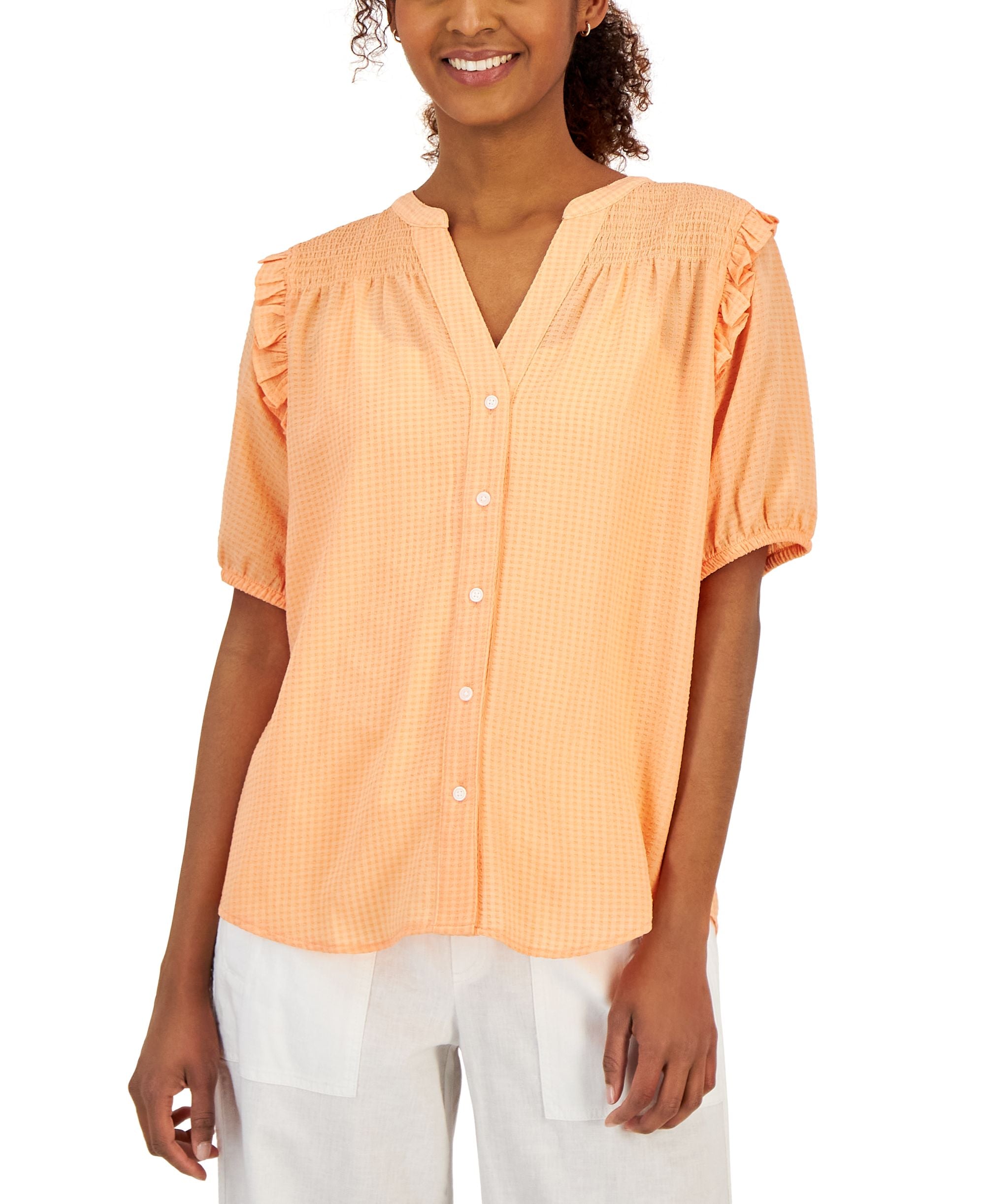 Women's Short Sleeve Smocked Yoke Blouse