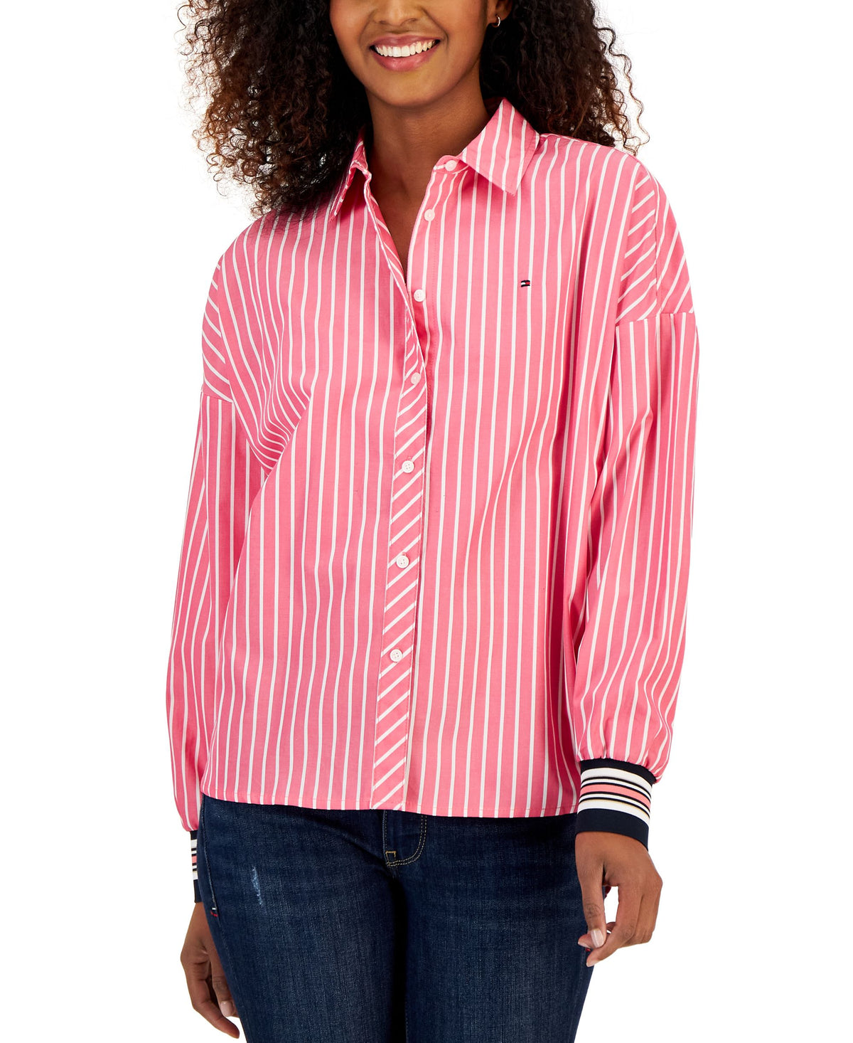 Women's Button-Down Rib-Strip Long Sleeve Top
