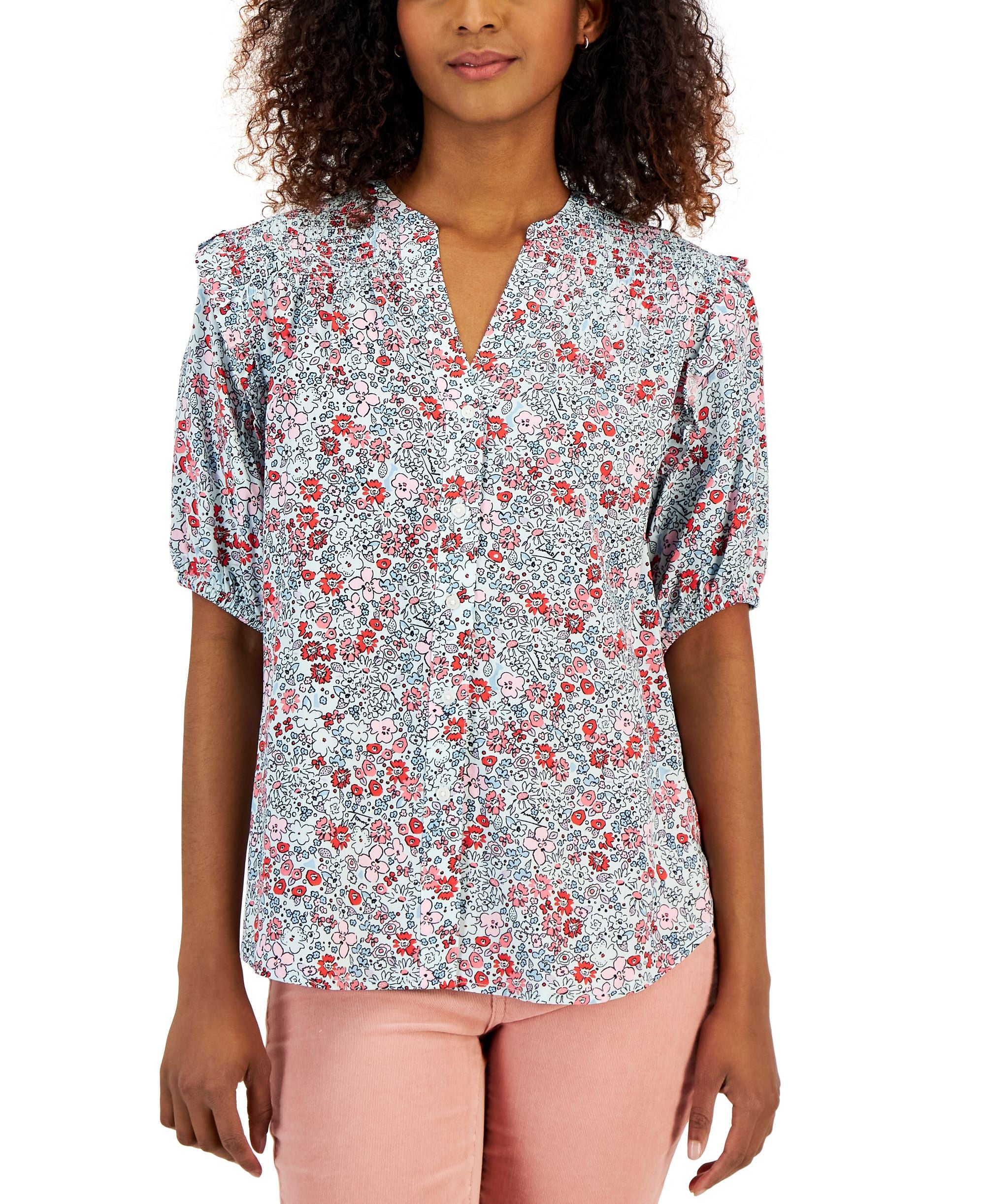 Women's Short Sleeve Smocked Yoke Top