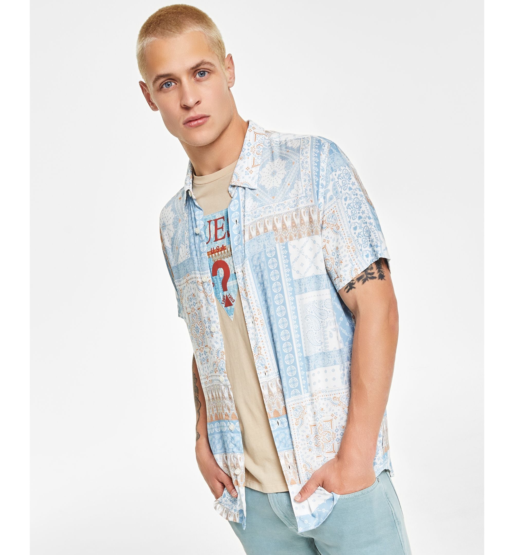 Men's Regular-Fit Patchwork Tile-Print Button-Down Shirt