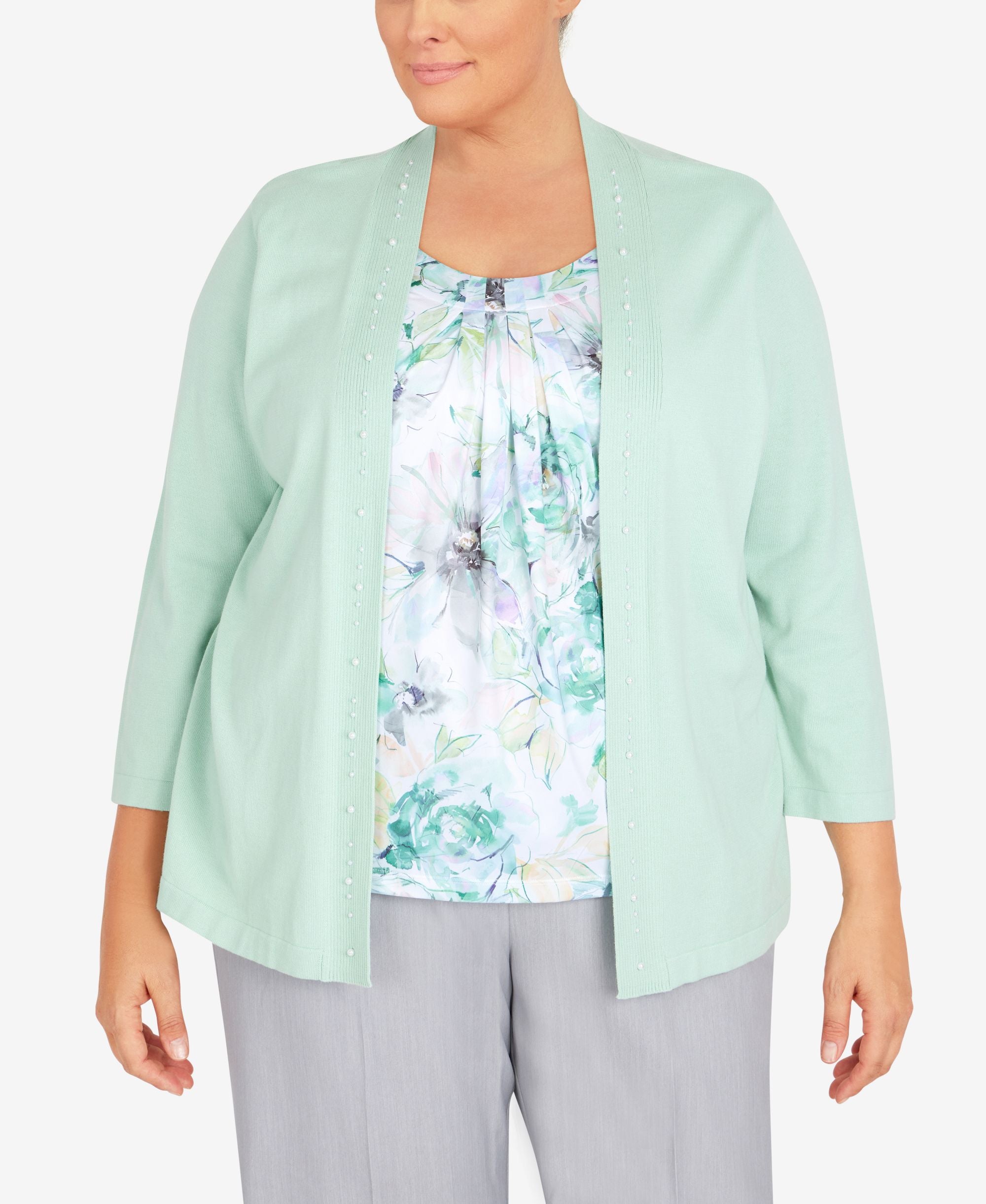 Plus Size Lady Like Embellished Watercolor Floral Two For One Sweater