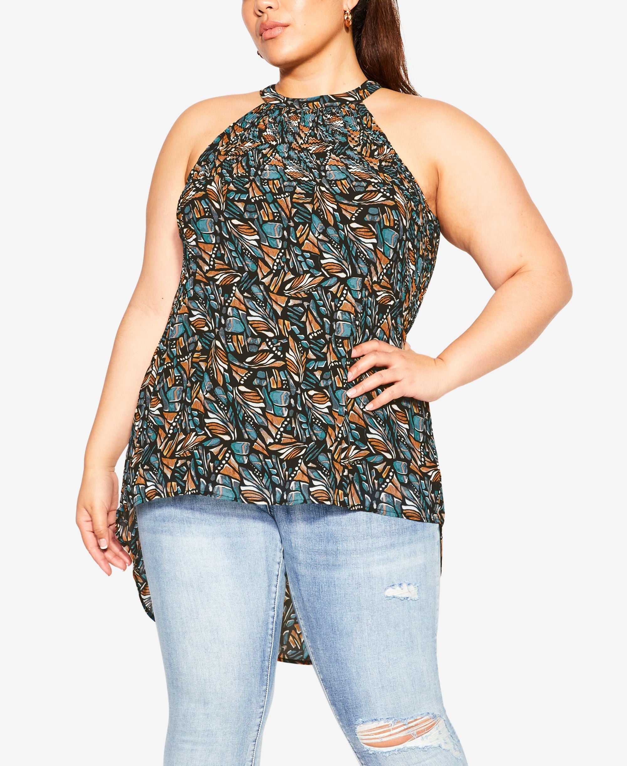 Plus Size Trendy Halter Pleat Print Top
