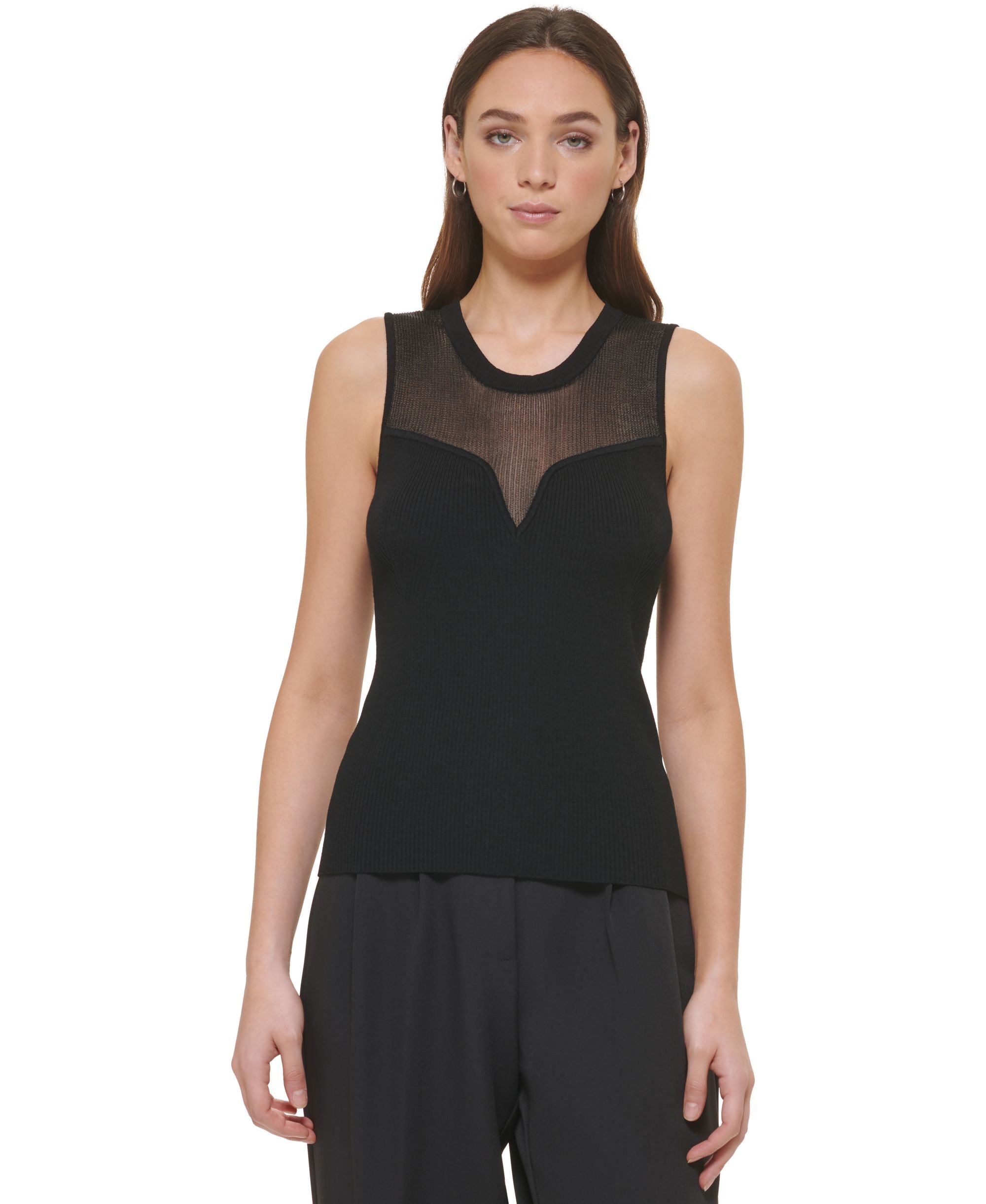 Women's Mesh-Yoke Sleeveless Ribbed Sweater