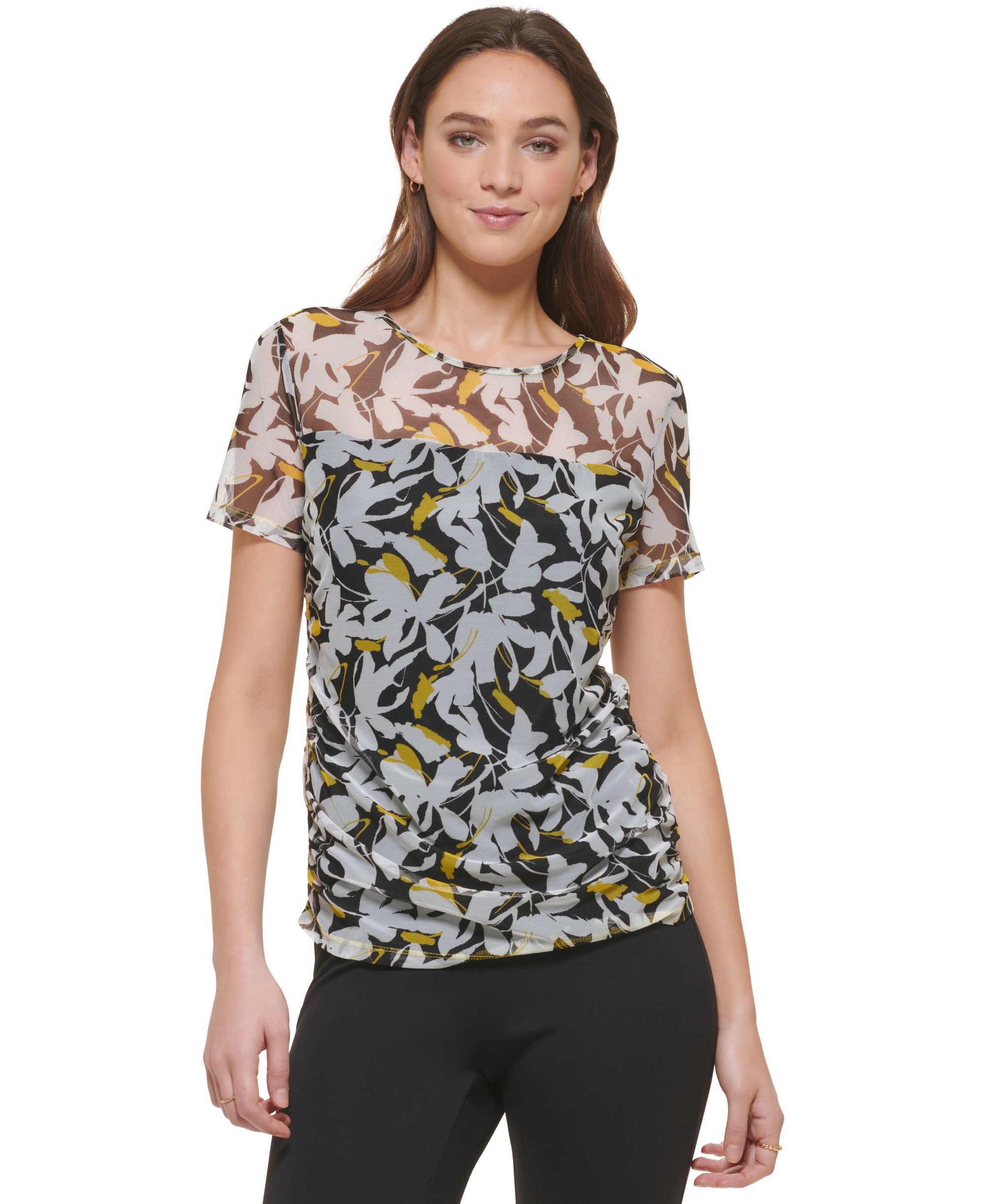 Women's Ruched Semi-Sheer Short-Sleeve Top