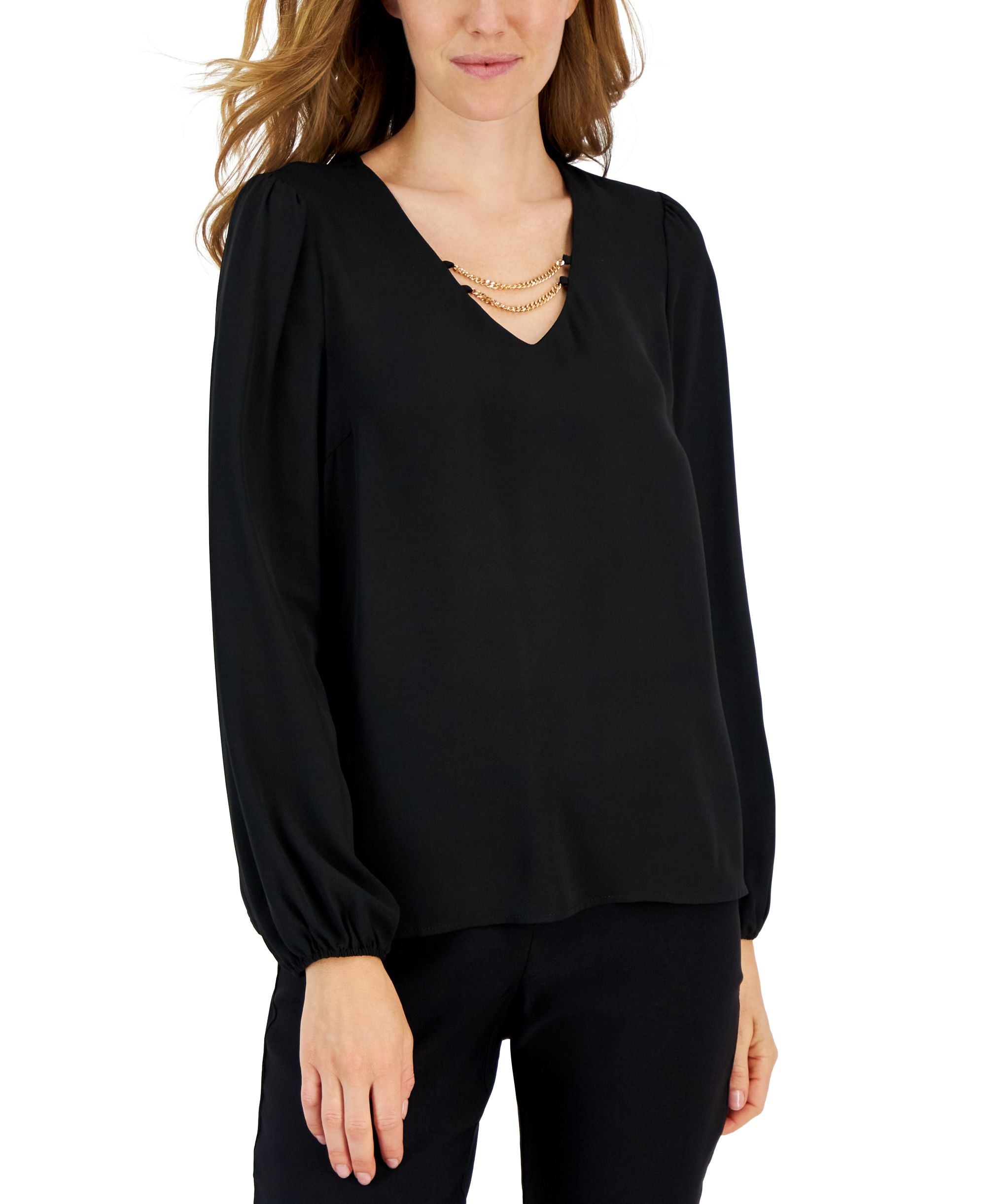 Women's Long-Sleeve V-Neck Chain-Detail Top