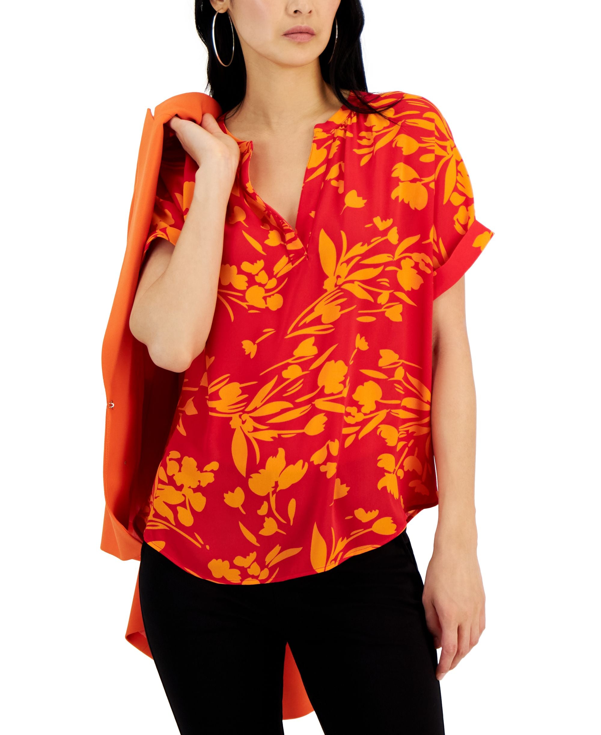 Women's Floral-Printed V-Neck Drop-Shoulder Top