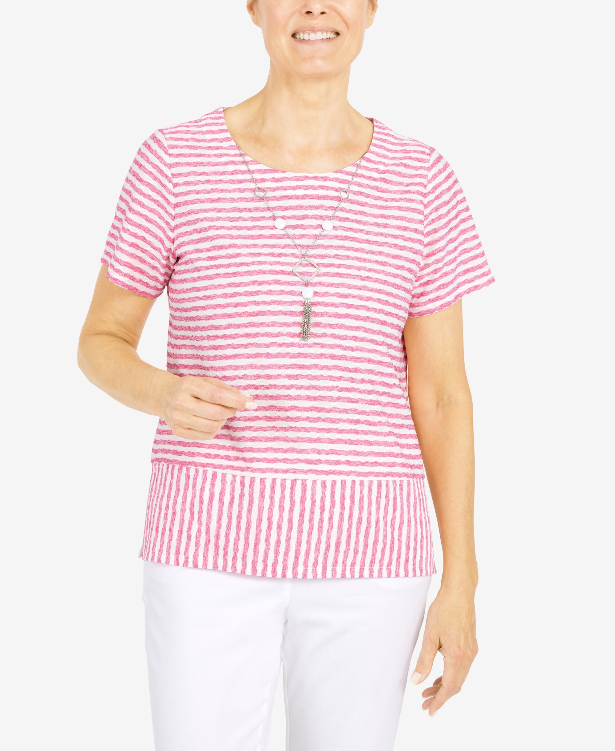 Women's Classics Stripe Texture Knit Short Sleeve Top with Necklace