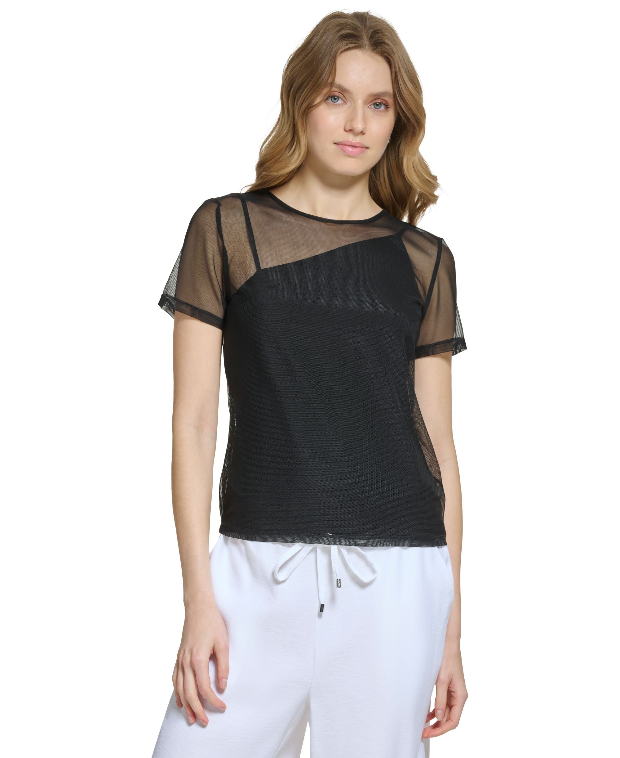 Women's Mesh-Layered Asymmetric Short-Sleeve Top