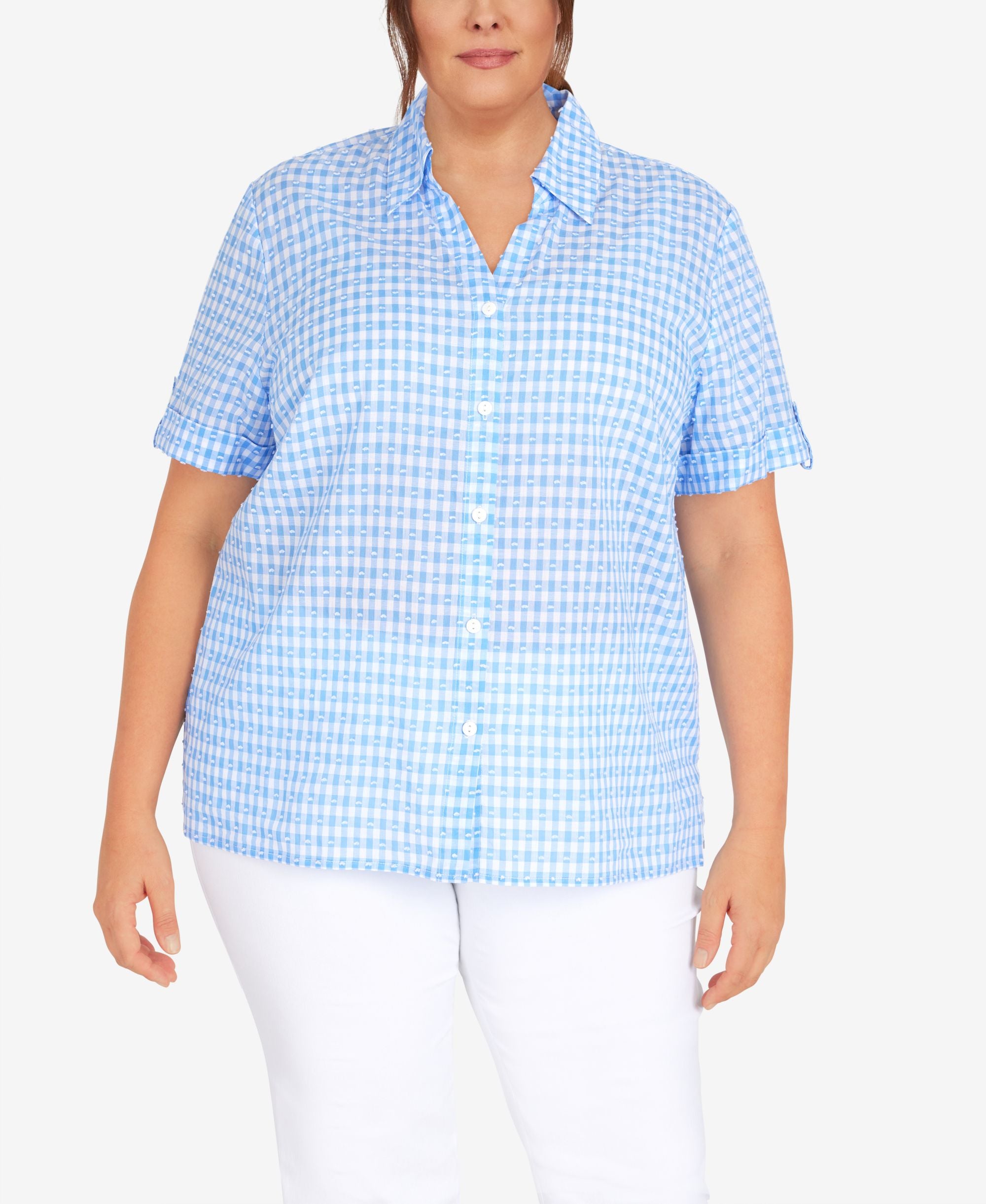 Plus Size Classic Stencil Floral Short Sleeve Button Down Top