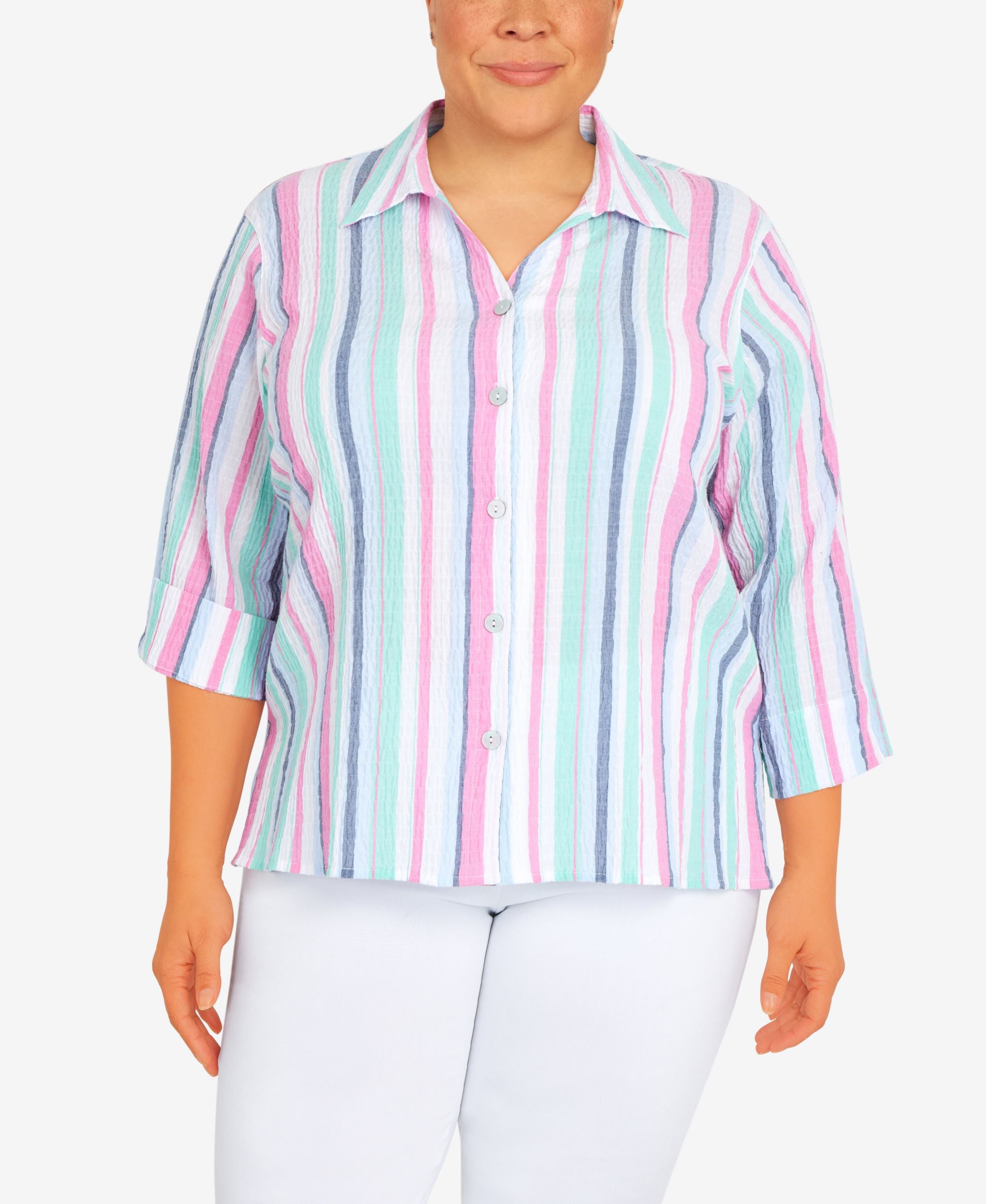 Plus Size Classic Crinkle Stripe 3/4 Sleeve Button Down Top