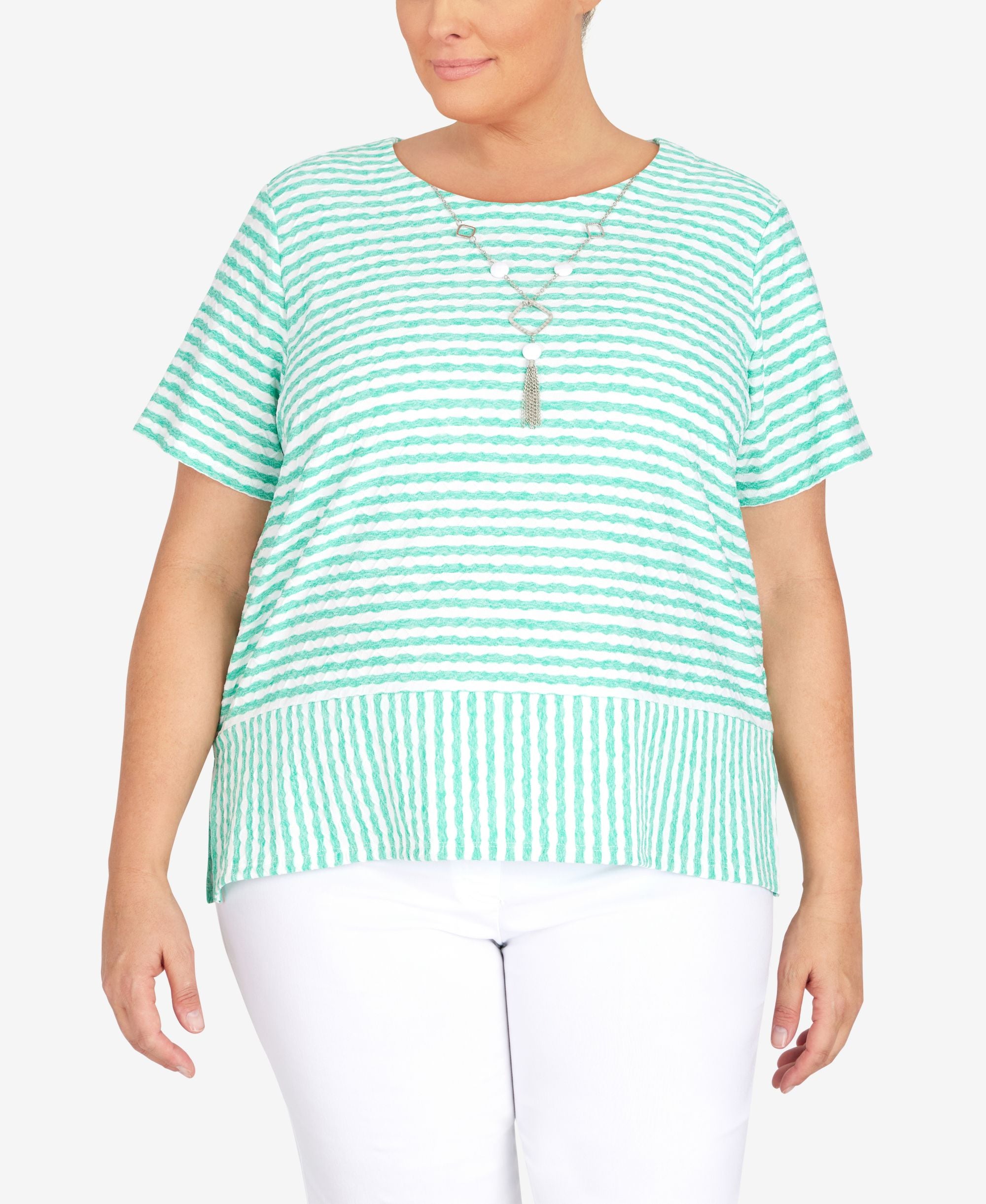 Plus Size Classic Stripe Texture Knit Top with Necklace