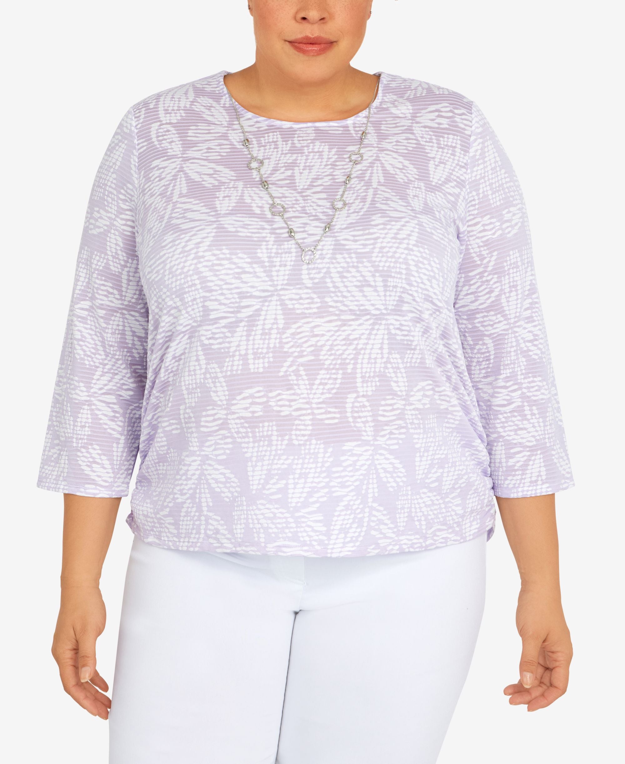 Plus Size Classic Floral Jacquard Butterfly Knit Top with Necklace