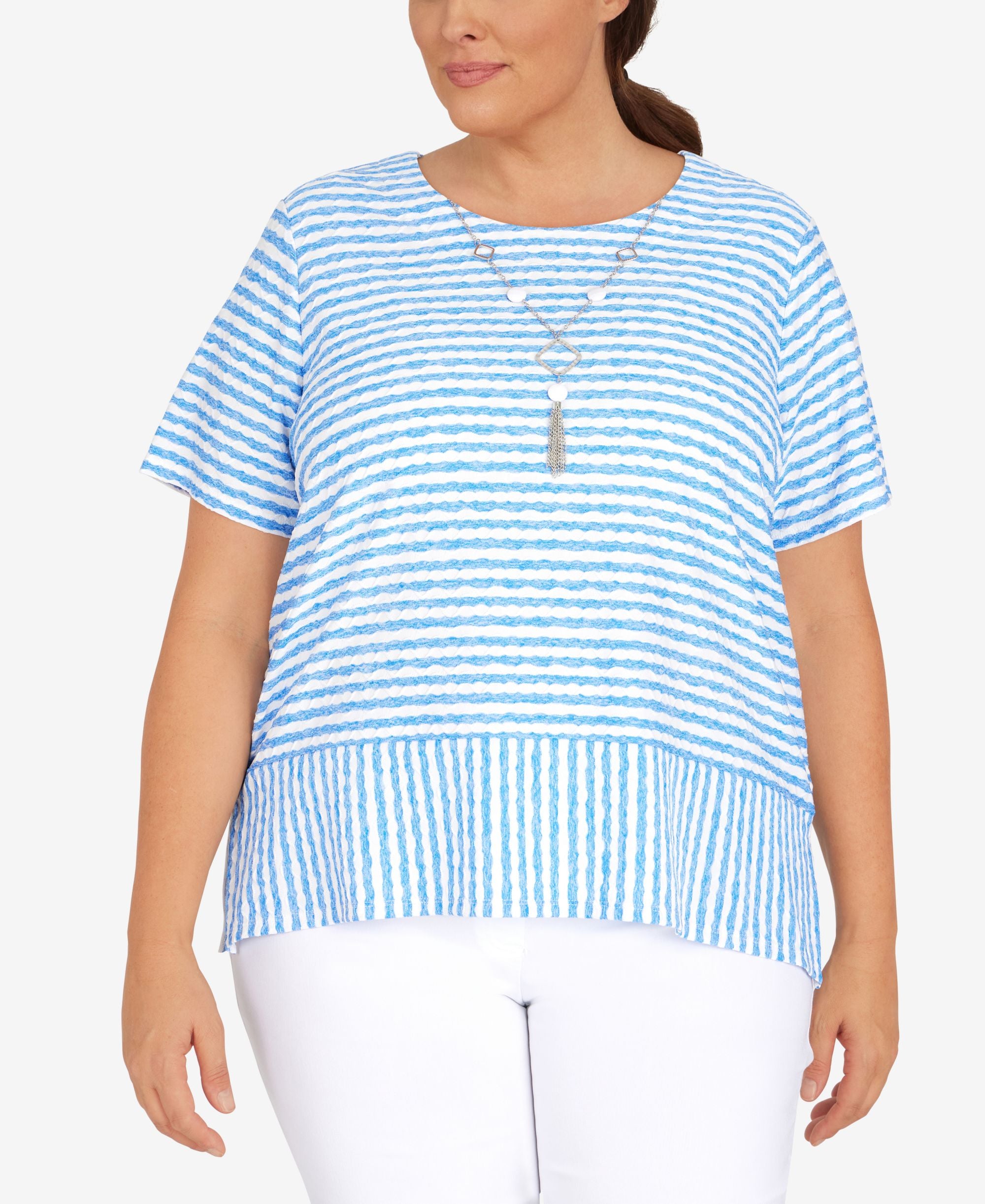 Plus Size Classic Stripe Texture Knit Top with Necklace