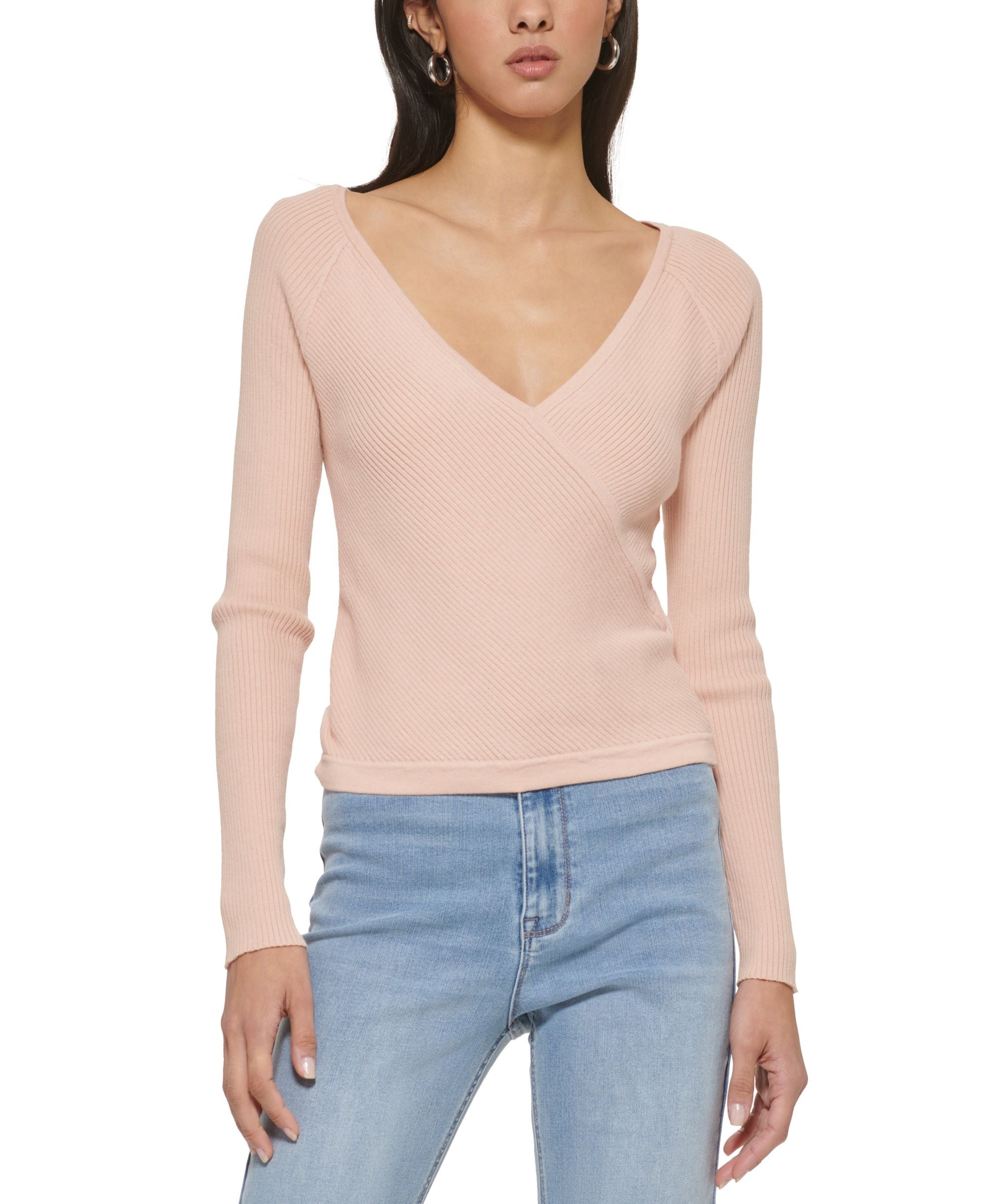 Women's Surplice-Neck Ribbed Long-Sleeve Top