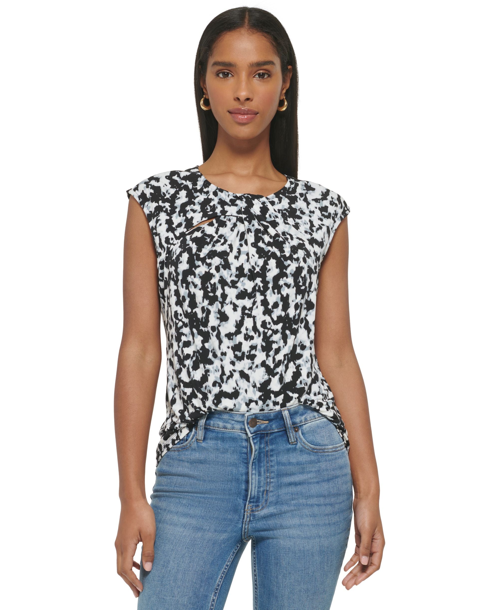 Women's Printed Cutout Neck Knit Top