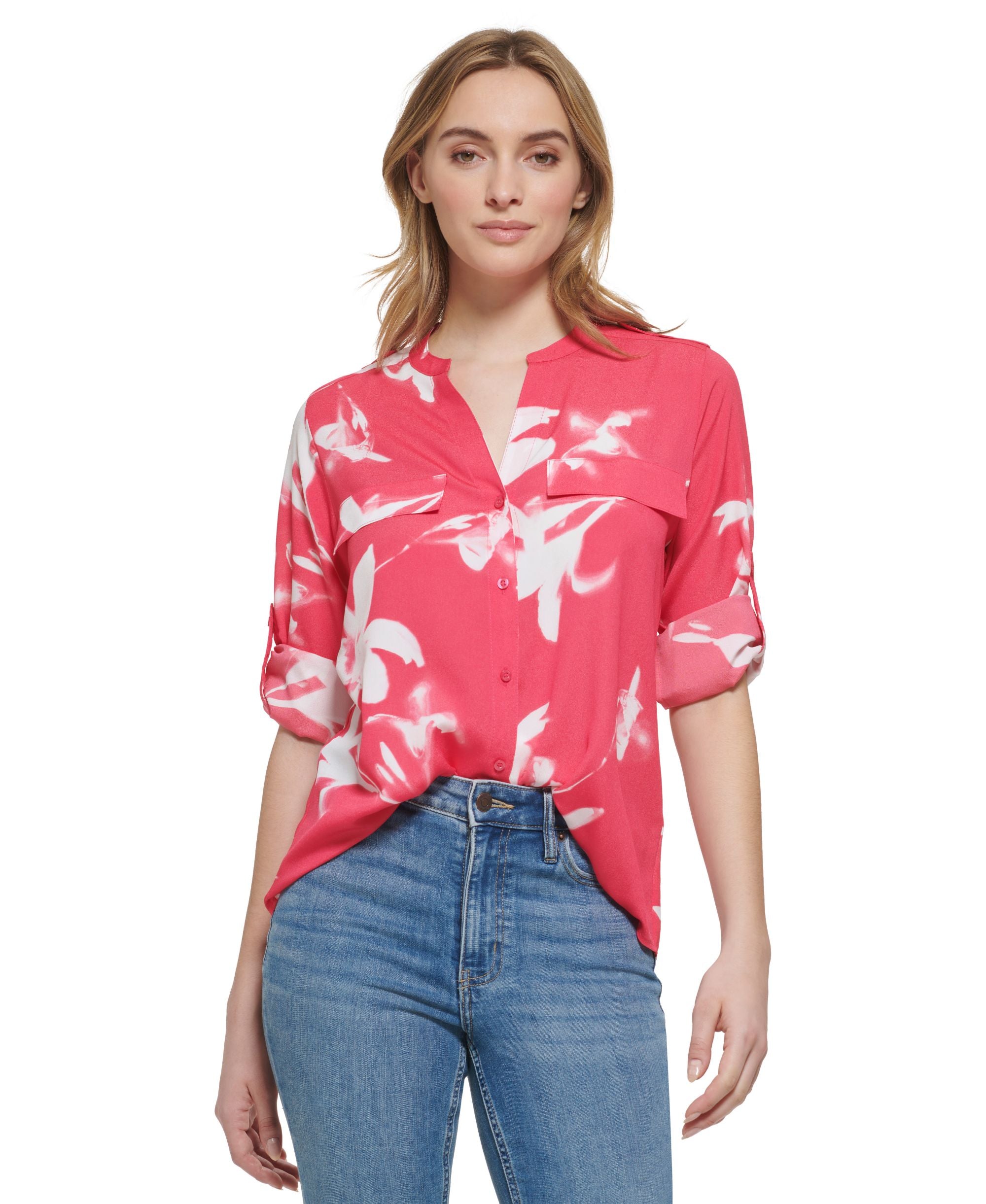 Women's Long Sleeve Printed Roll Tab Shirt