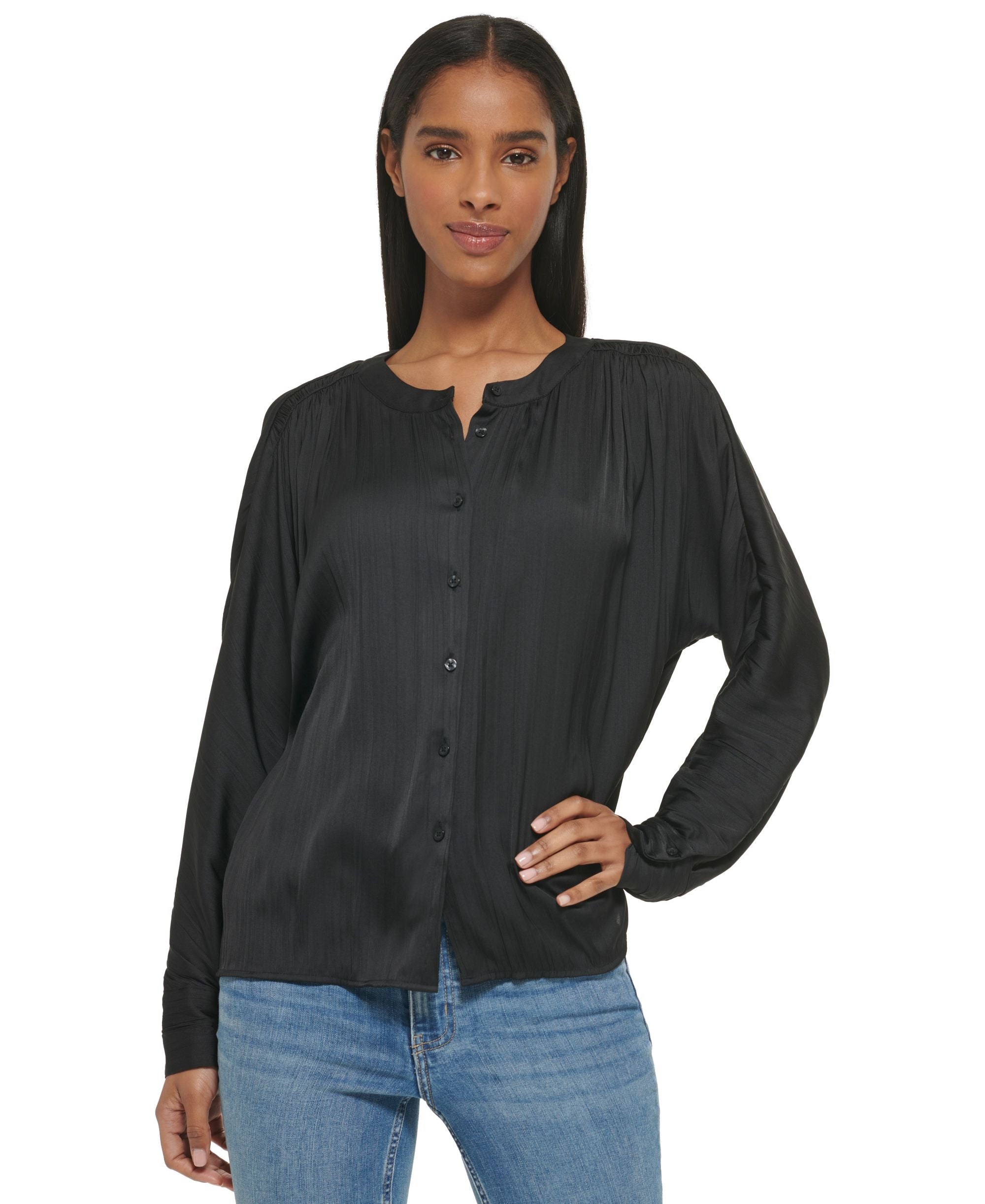 Women's Gathered Dolman-Sleeve Button-Front Blouse
