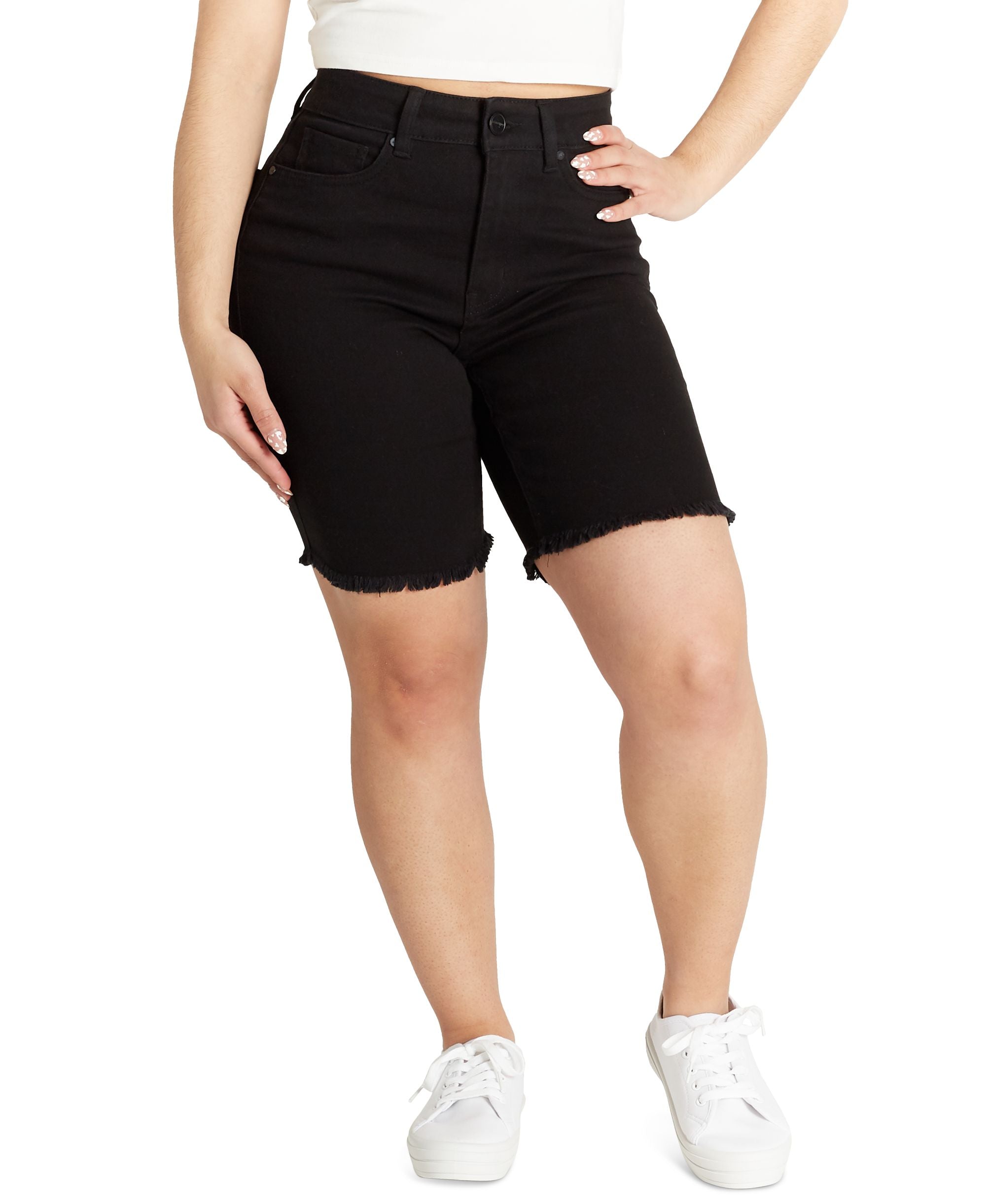 Juniors' High Rise Frayed Hem Bermuda Shorts