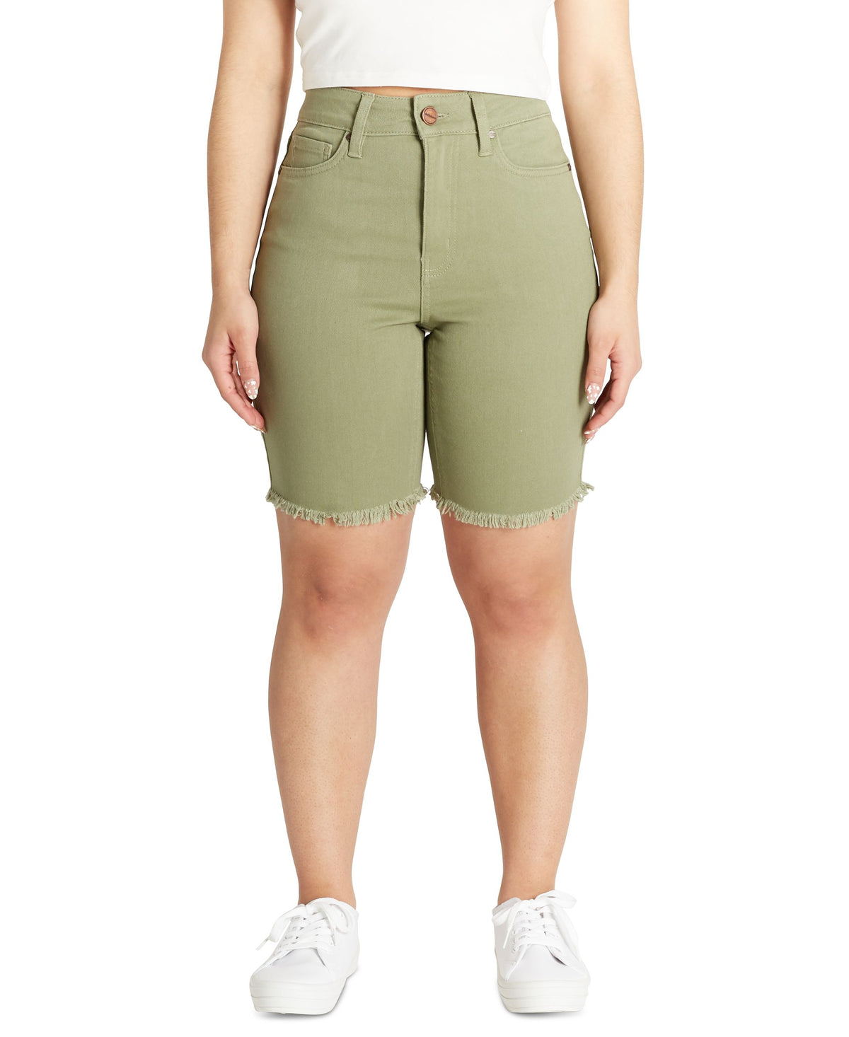 Juniors' High Rise Frayed Hem Bermuda Shorts