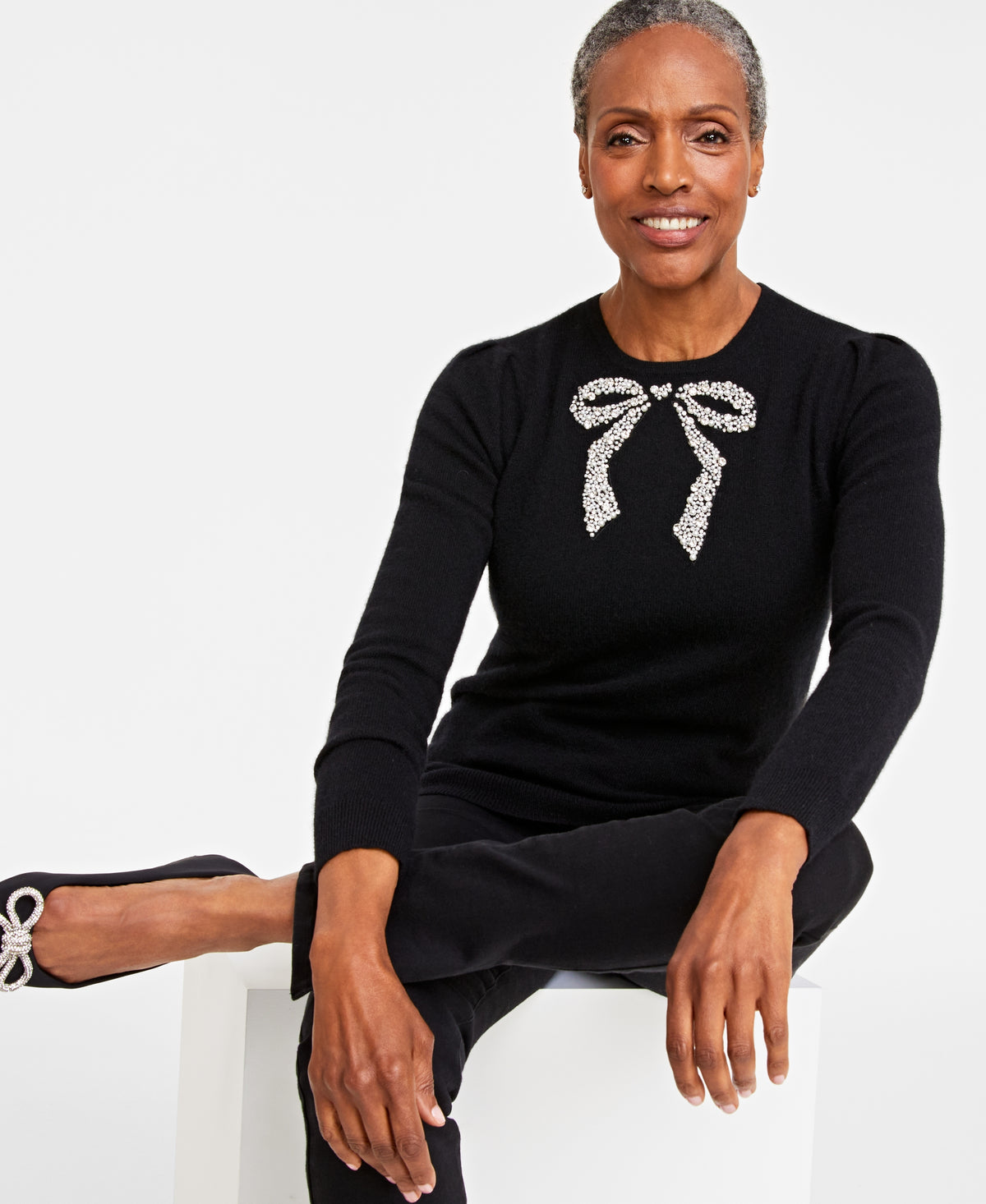 Women's 100% Cashmere Embellished Bow Sweater