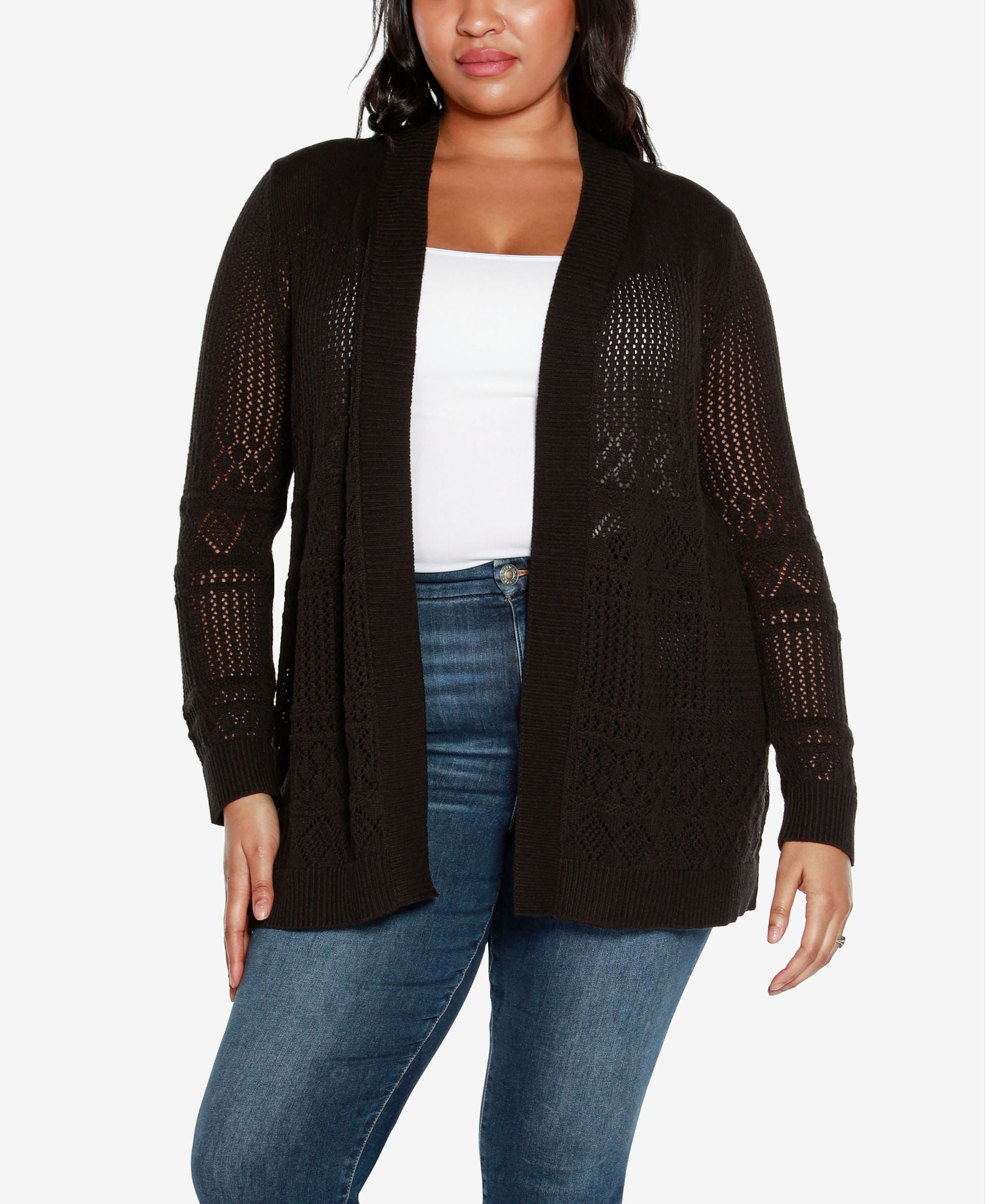 Plus Size Pointelle Long Sleeves Open Cardigan Sweater