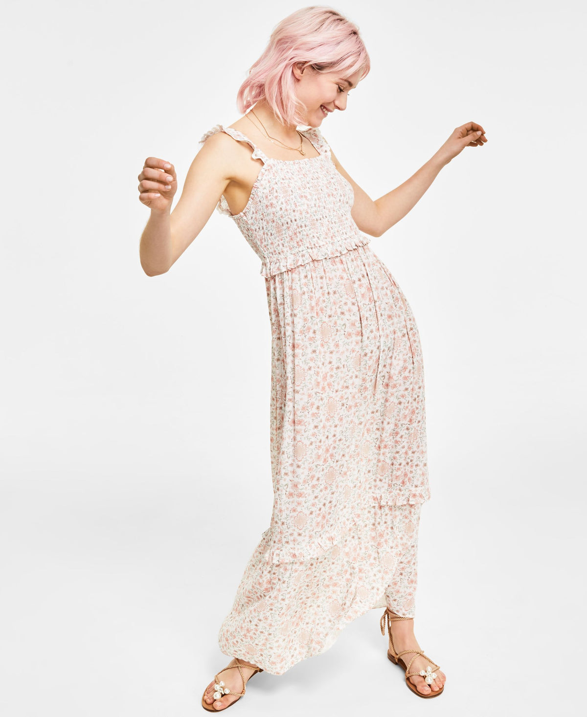 Juniors' Smocked Ruffle-Trim Sleeveless Maxi Dress