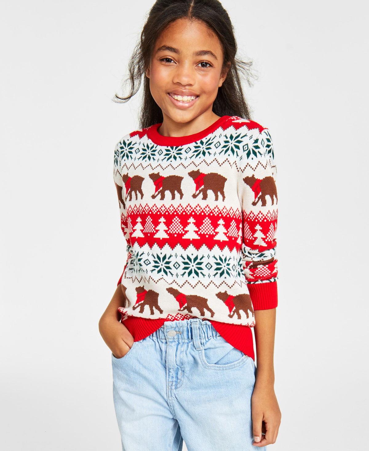 Holiday Lane Big Girls Santa Bear Sweater