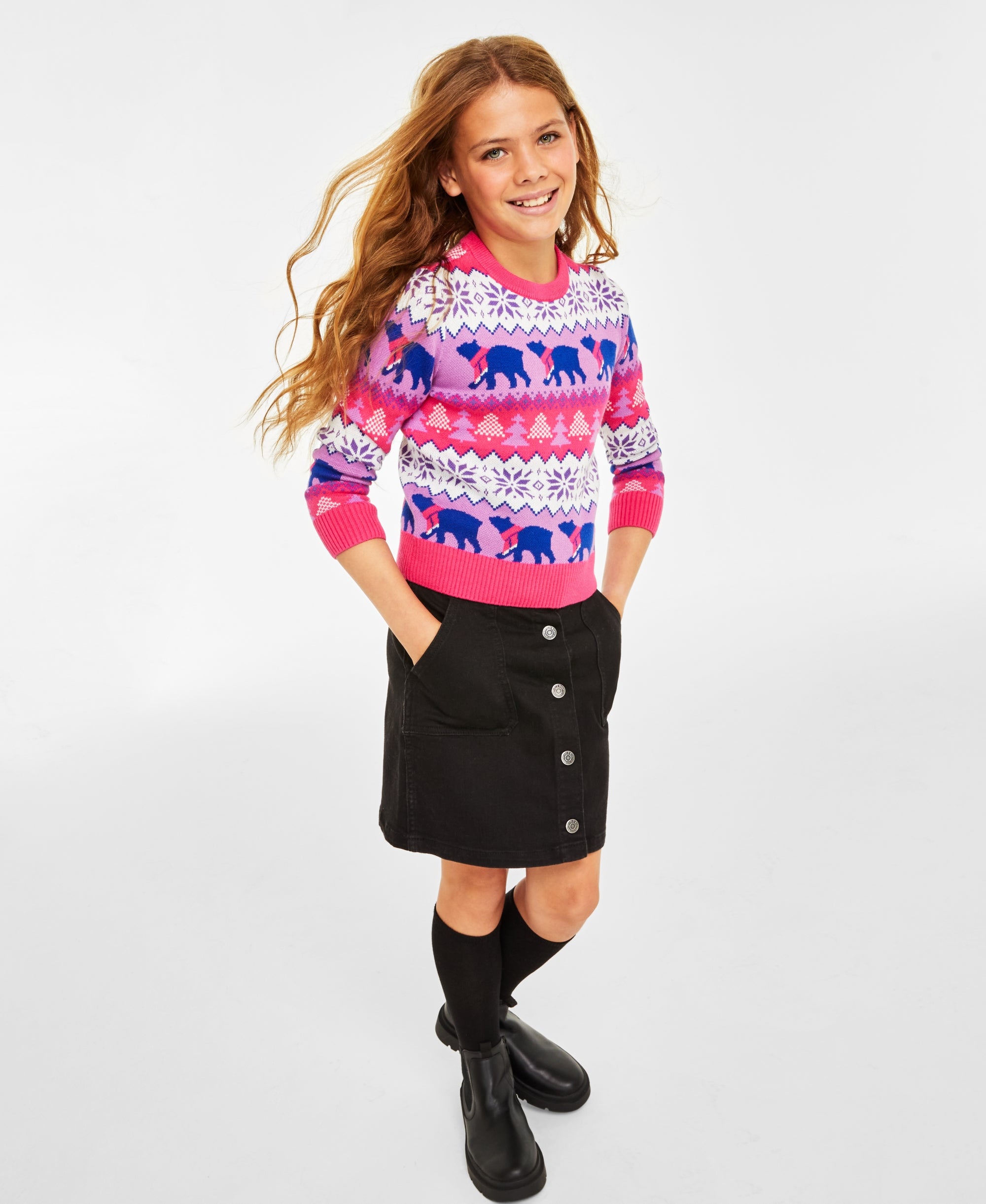 Holiday Lane Big Girls Santa Bear Sweater