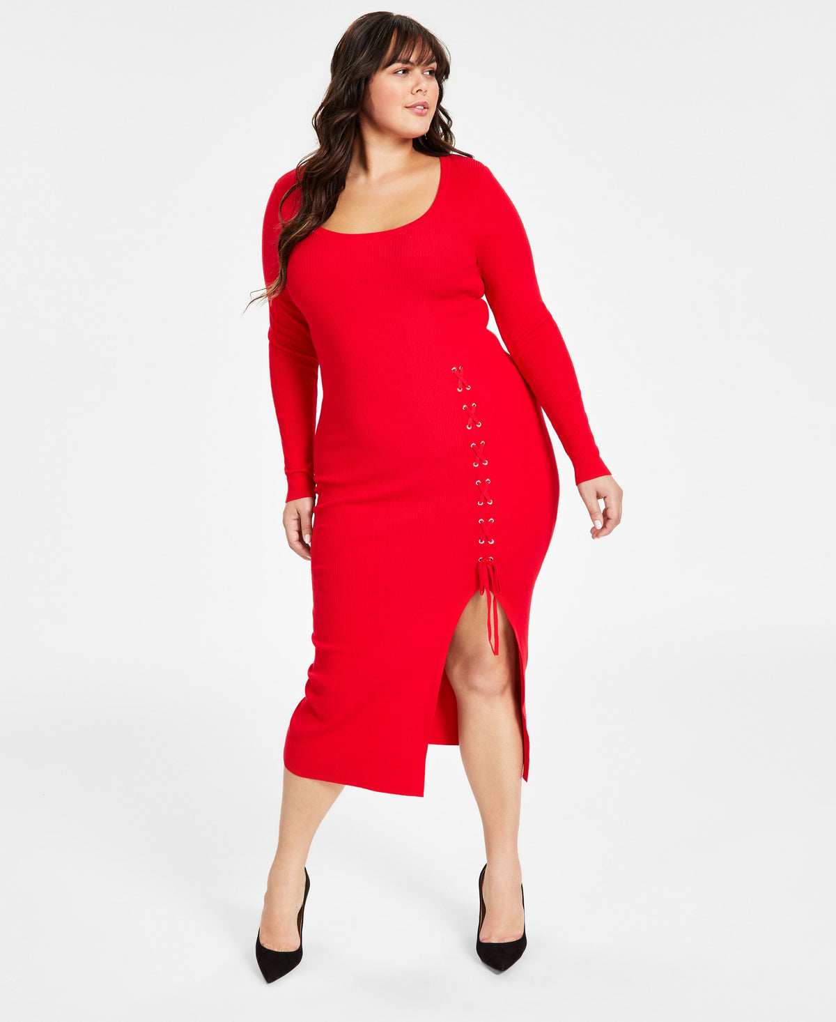 Plus Size Rib-Knit Lace-Up Sweater Dress