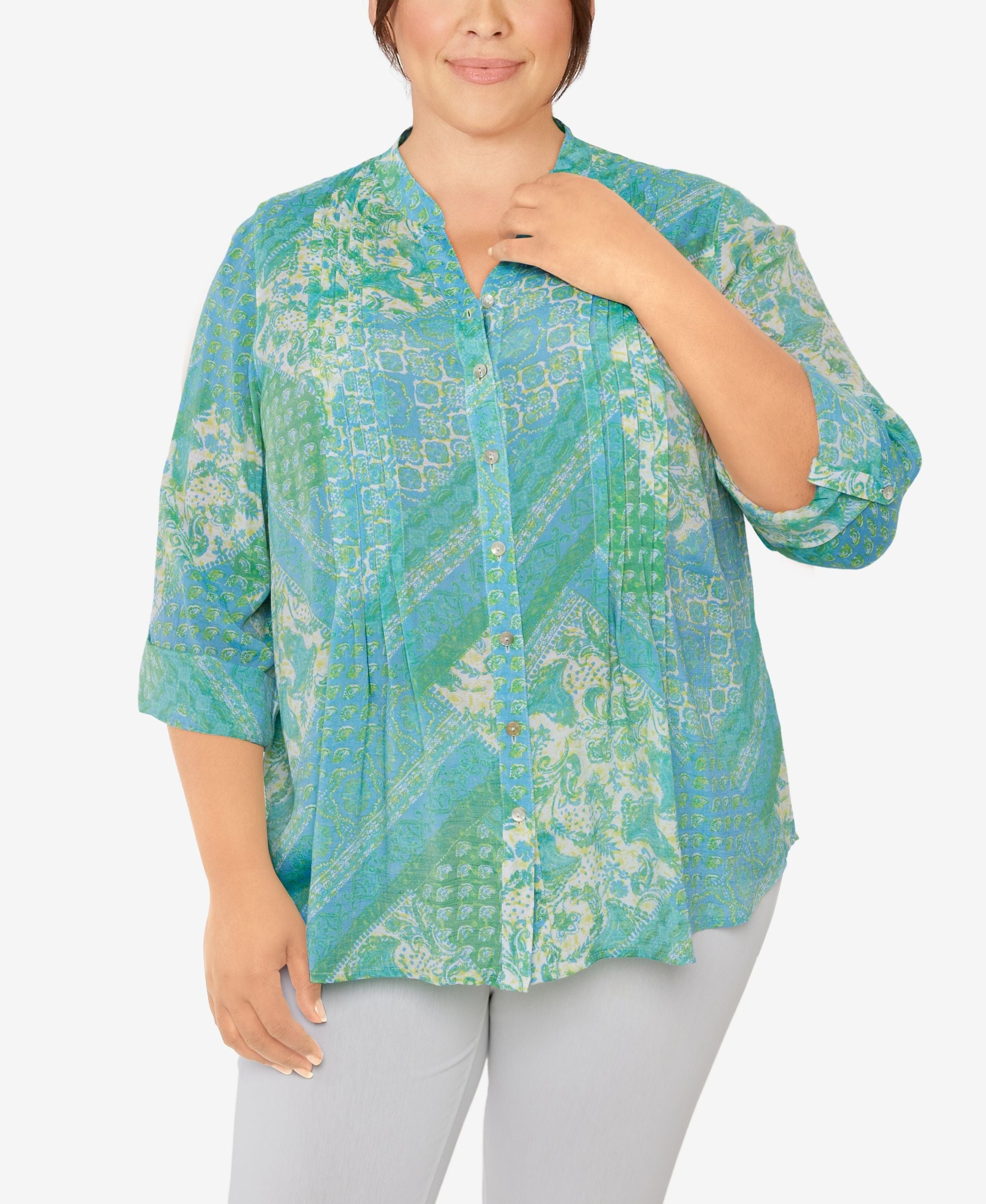 Plus Size Silky Gauze Printed Button Front Top