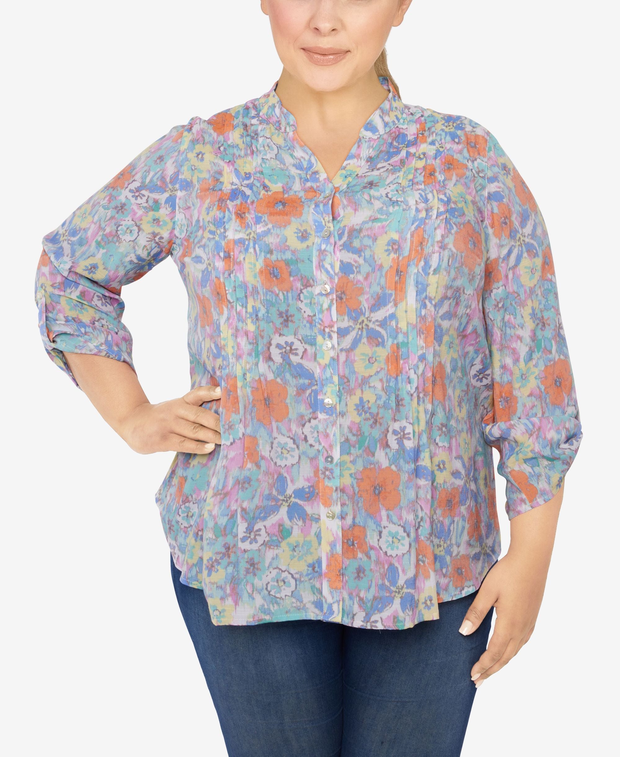 Plus Size Silky Gauze Printed Button Front Top