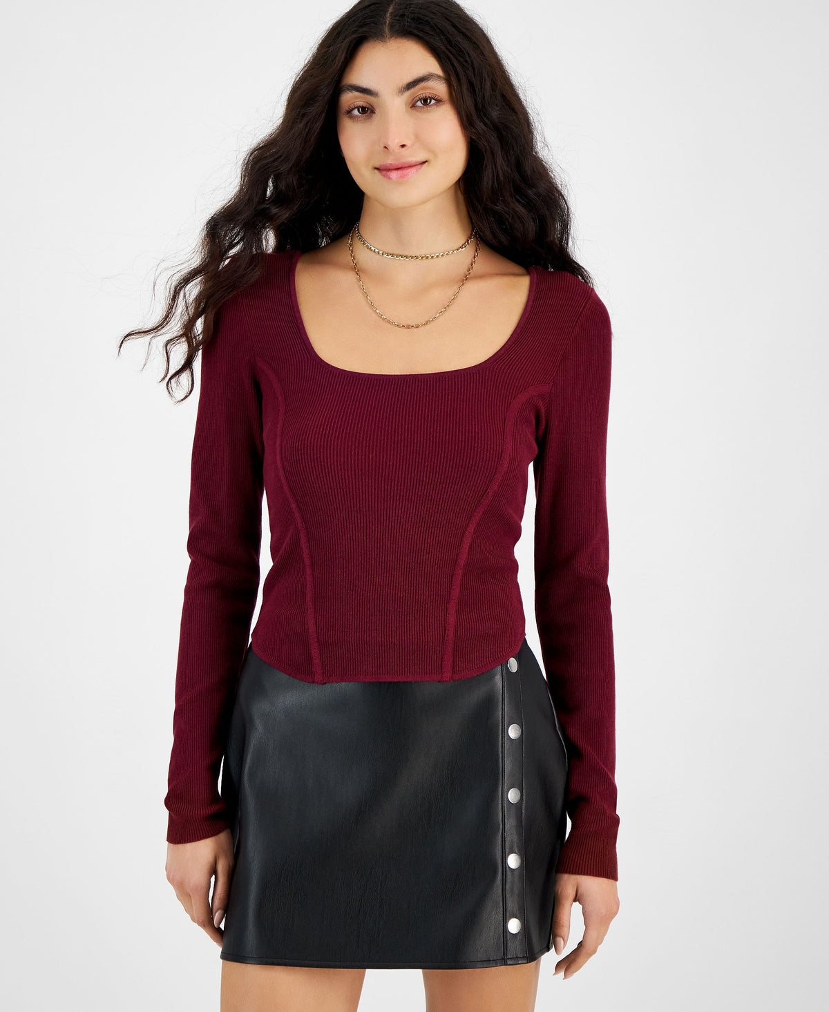 Women's Ribbed Square-Neck Long-Sleeve Sweater