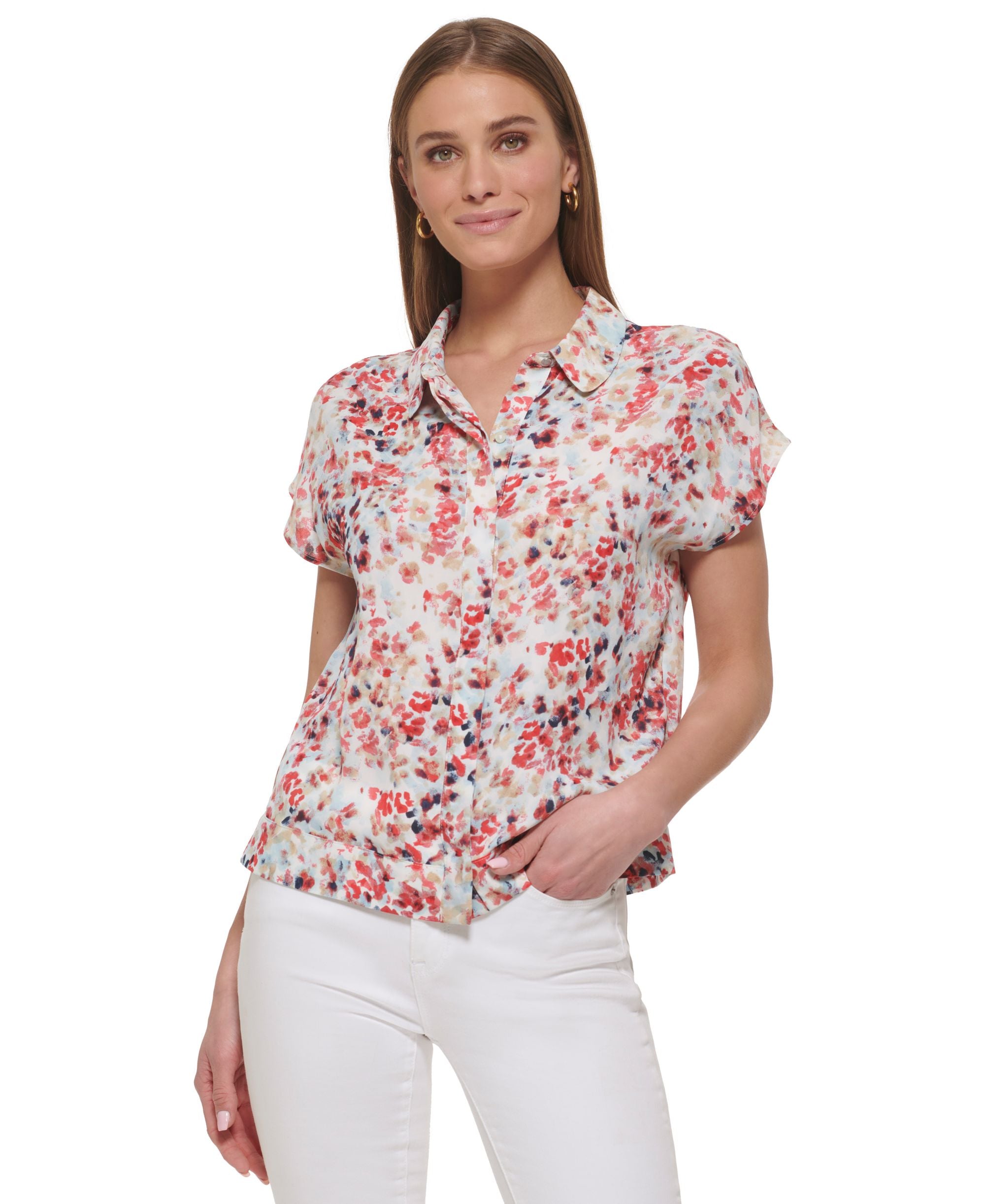 Women's Printed Short-Sleeve Seam-Detail Shirt