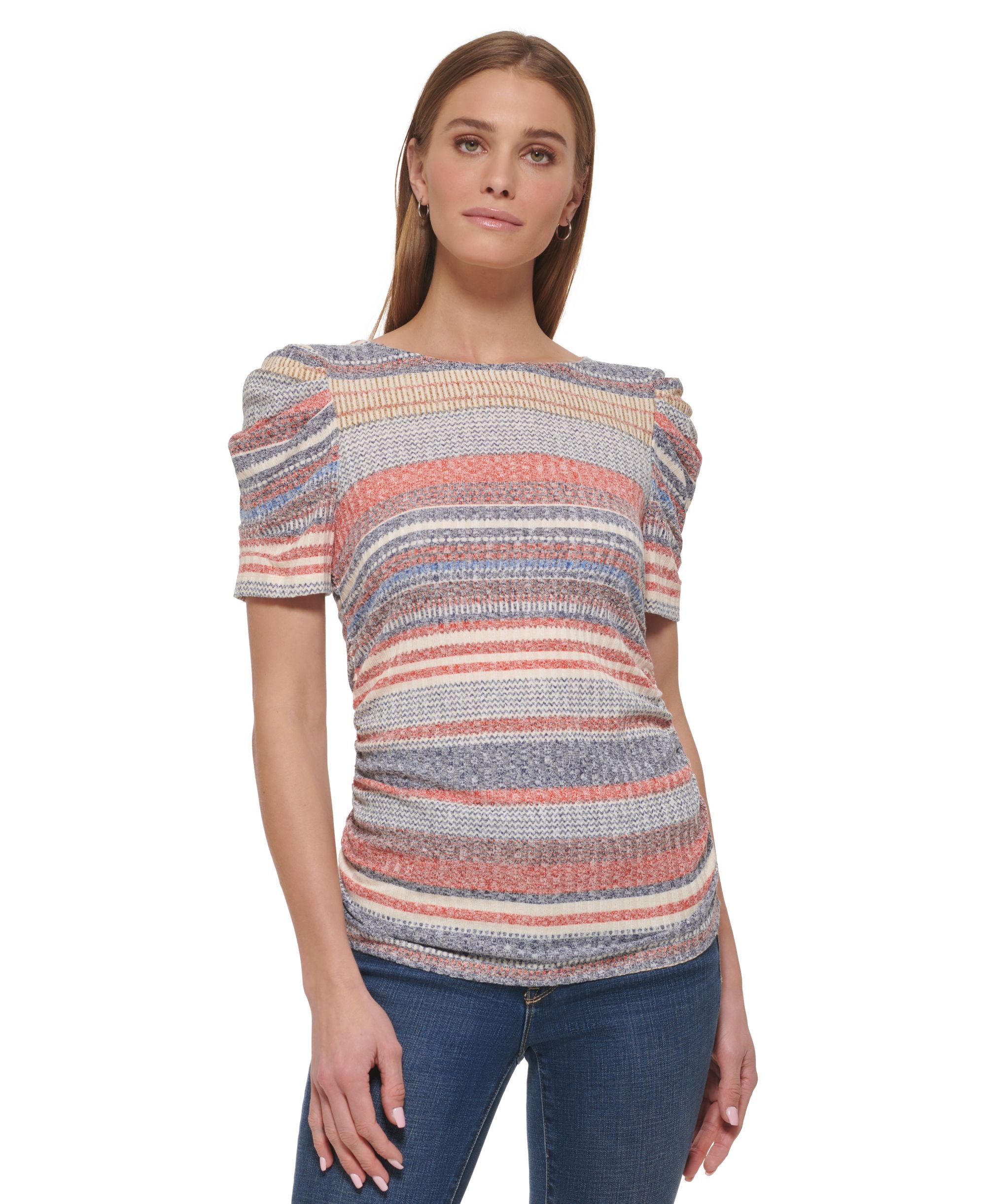 Women's Striped Puffed-Sleeve Pullover Top