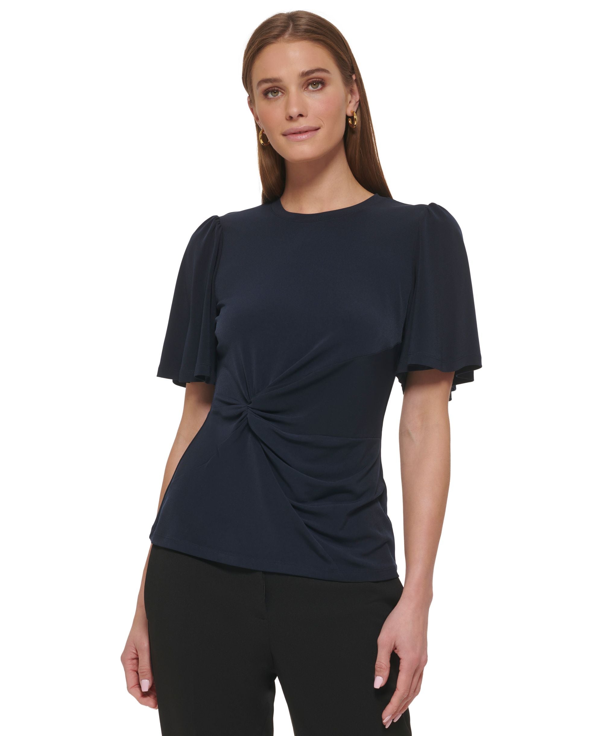 Women's Crew-Neck Flutter-Sleeve Twist-Detail Top