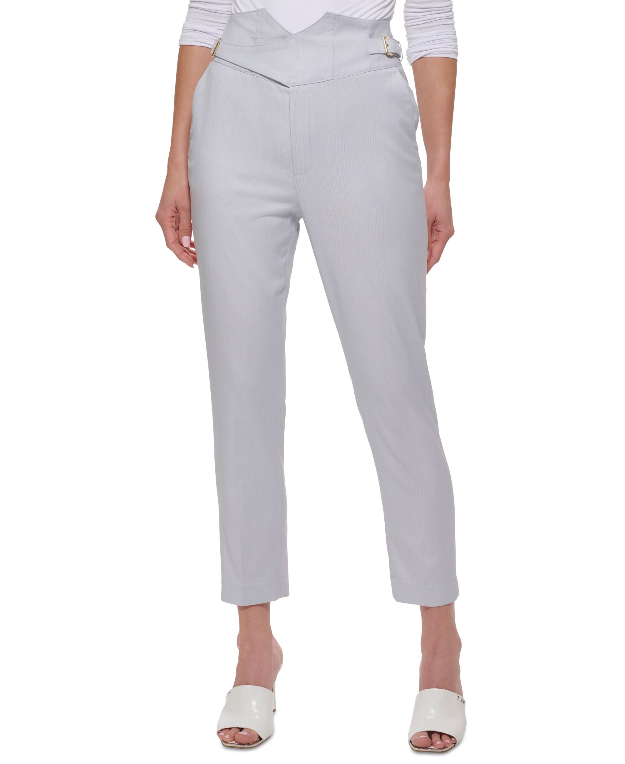 Women's High-Rise Buckle-Detail Seersucker Ankle Pants
